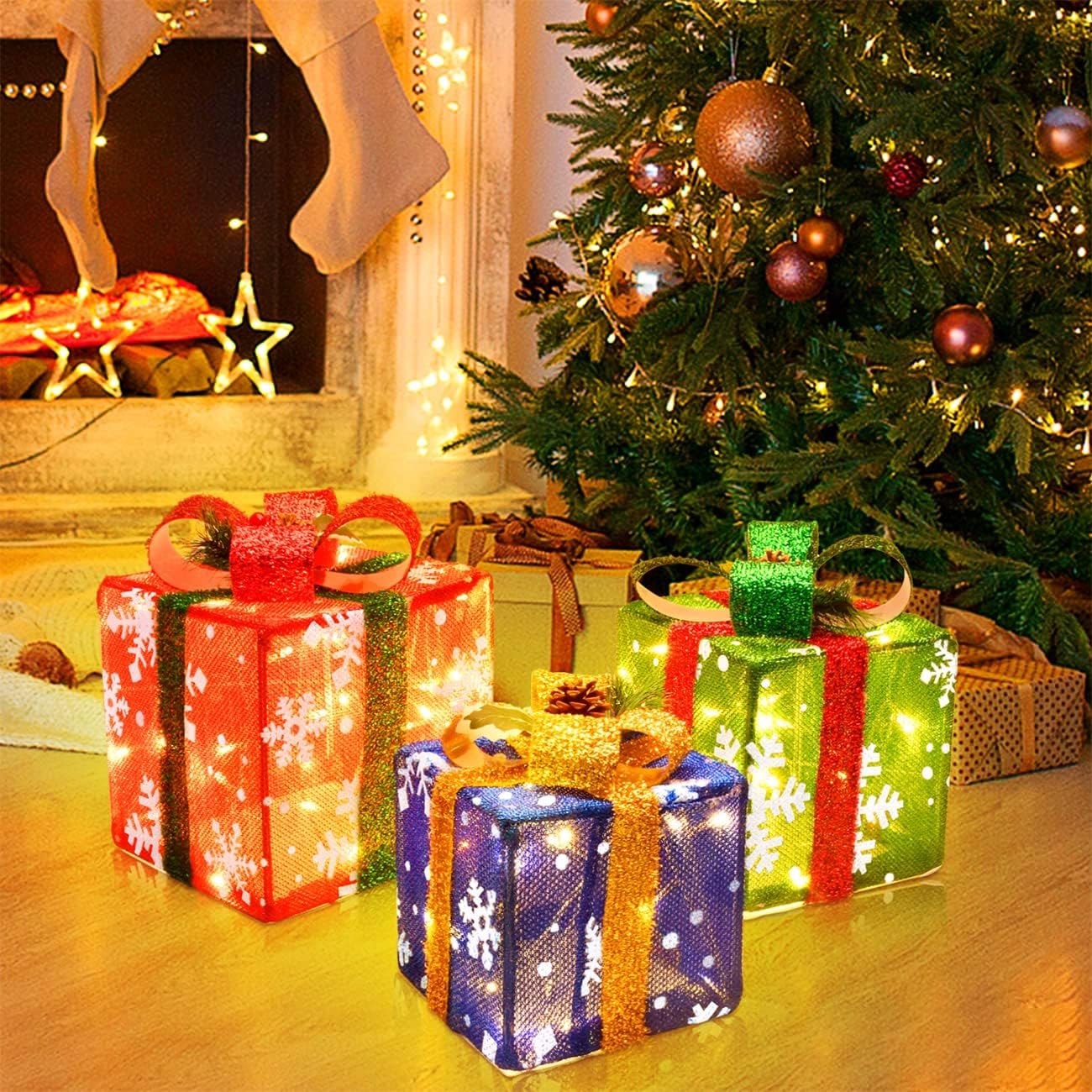 Christmas Decorations Lighted Gift Boxes Set of 3 Decor, LED String Lights Battery Powered Operated Collapsible Christmas Decor Clearance Ornament Indoor Outdoor for Holiday Party Xmas Home