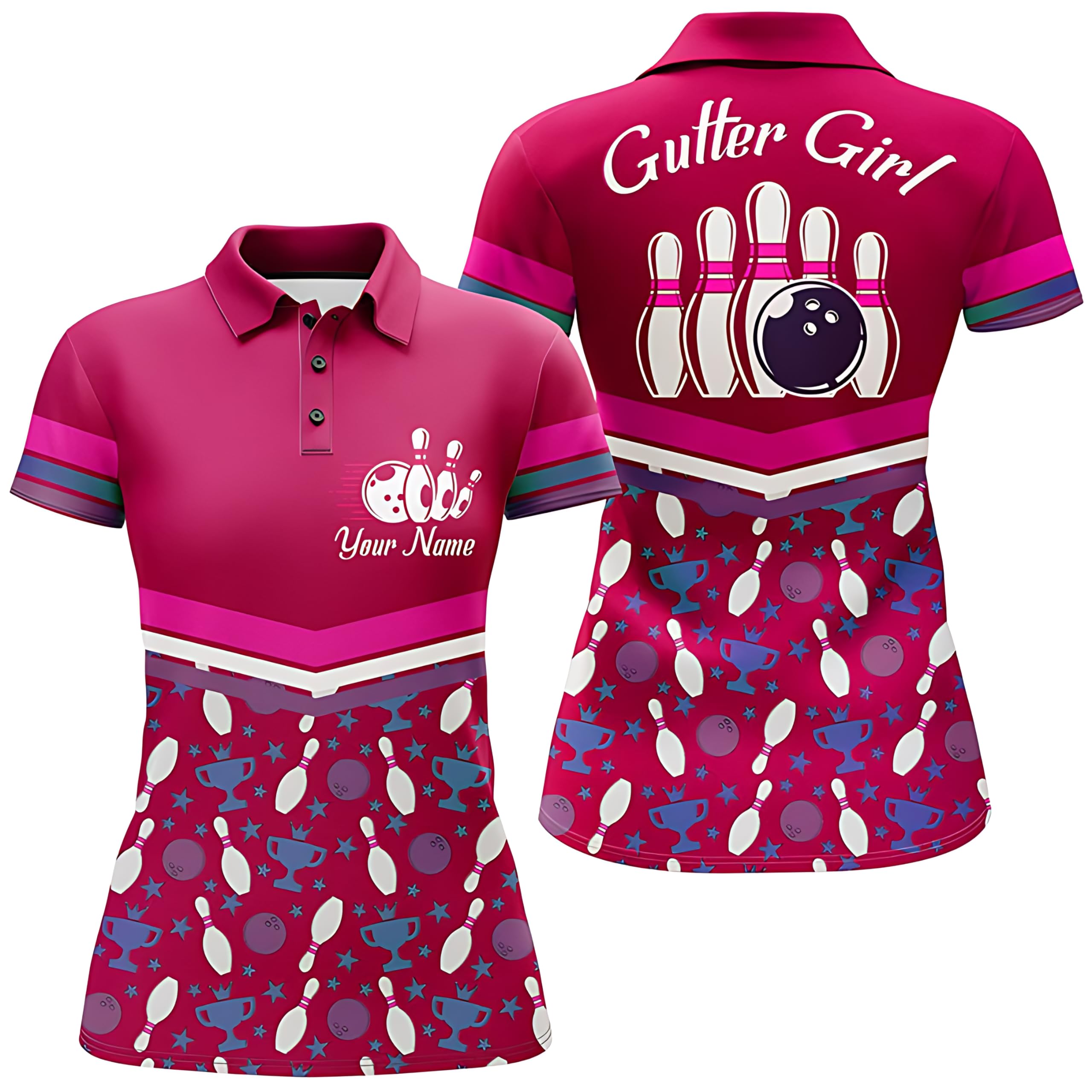 Bowling Polo Shirt for Women, Gutter Girl Pink Personalized Bowlers Jersey Short Sleeve B138