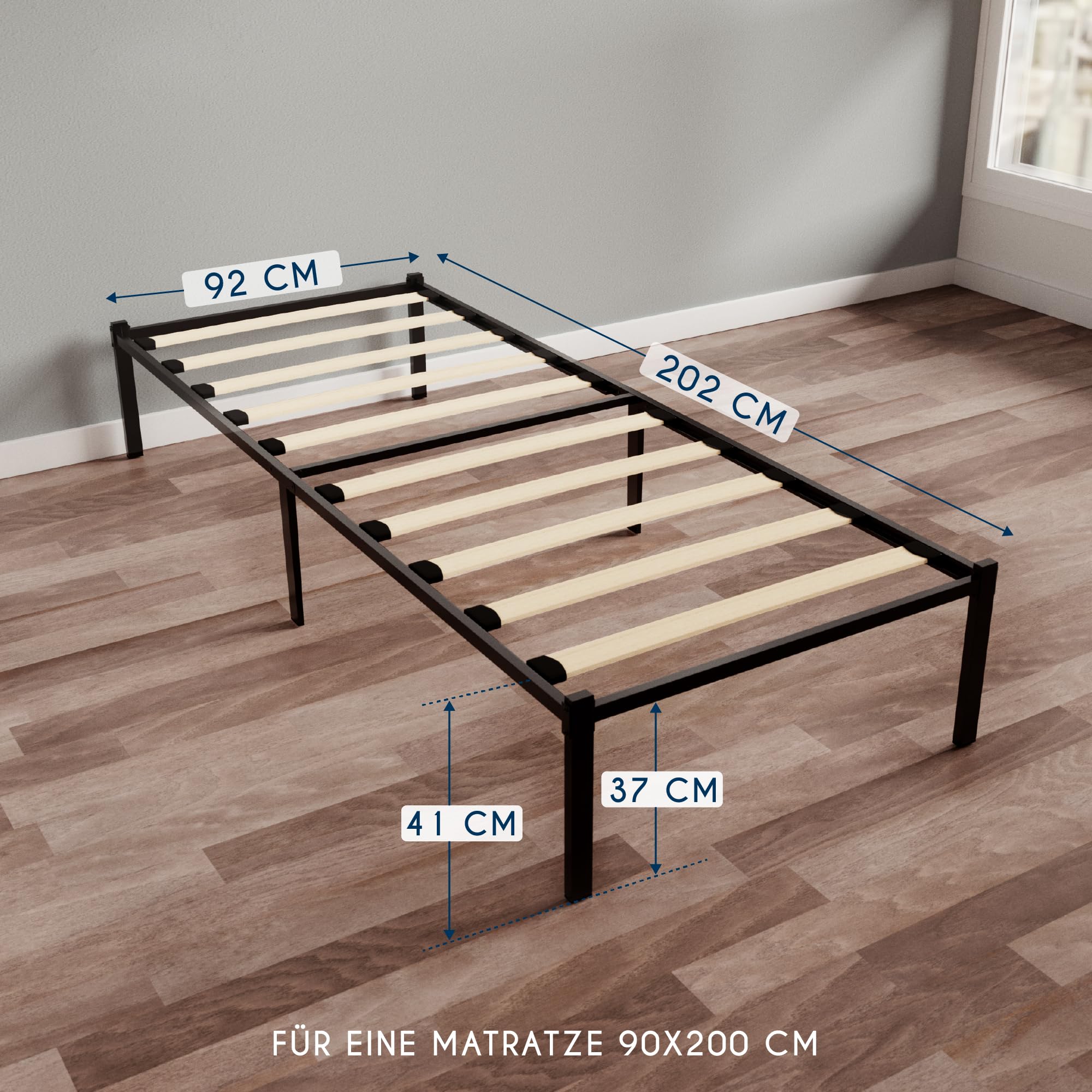 Dreamzie Bett 90x200 cm aus Metall mit Lattenrost - Bettrahmen mit Holzlatten - Bettgestell 90x200 Höhe 41cm - Schwarz
