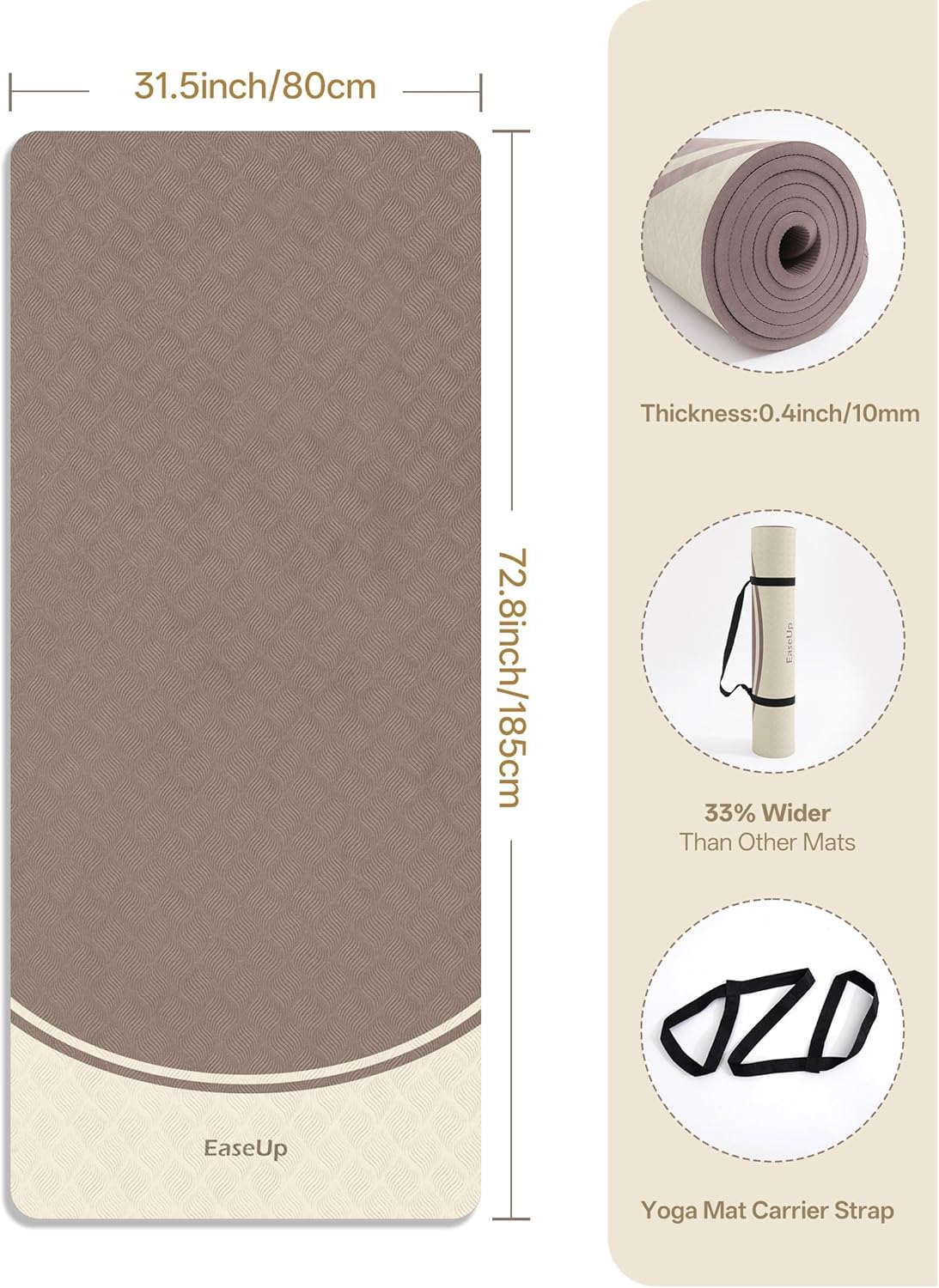 EaseUp Extra Thick Yoga Mat -2/5 inch (10MM), 72.8x31.5" Extra Long-Wide, Professional TPE Non-slip yoga mats for Yoga,Exercise, Workout,Pilates and Fitness, with strap