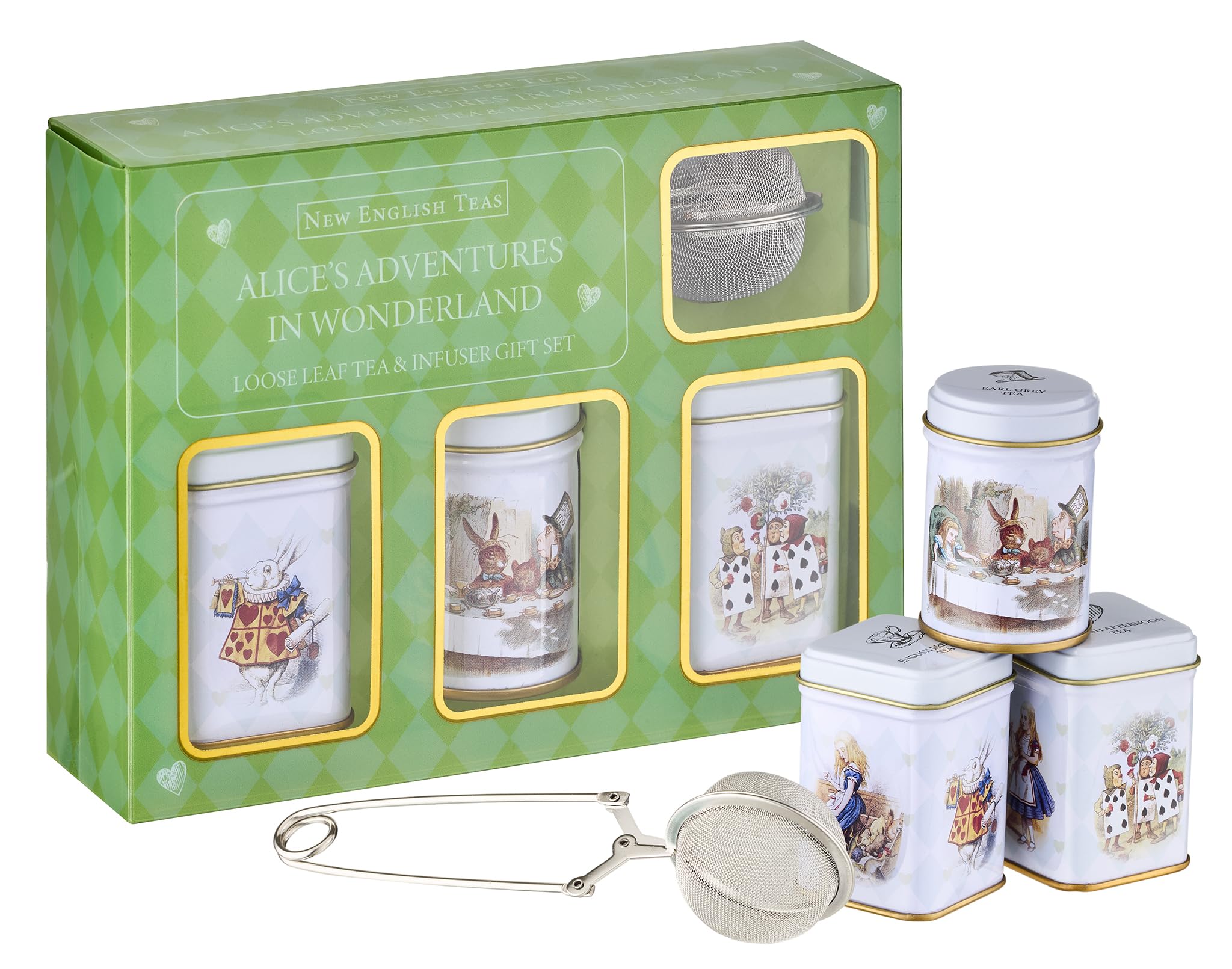 New English Teas Loose Leaf Tea & Infuser Gift Set – 3 Alice in Wonderland Tins with Breakfast, Earl Grey & Afternoon Blends with Loose Tea Infuser