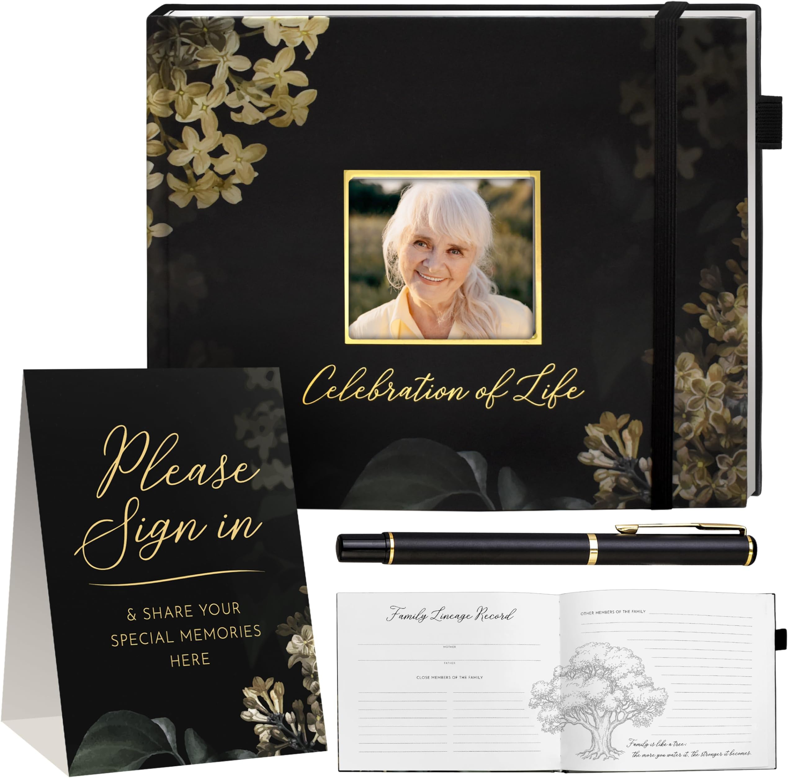 Elegant Black Funeral Guest Book, 10 x 8 Inches 120 Pages