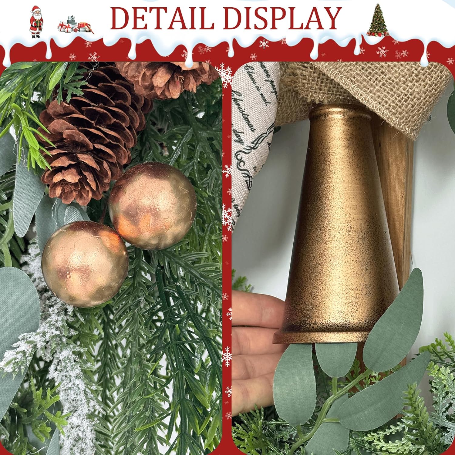 24 Inch Green Christmas Wreath, Artificial Christmas Wreaths for Front Door, Porch, Entryway, Outdoor, Holiday Decorations, with Large Bell, Bow, Golden Ball, Pine Cones, Water Grass