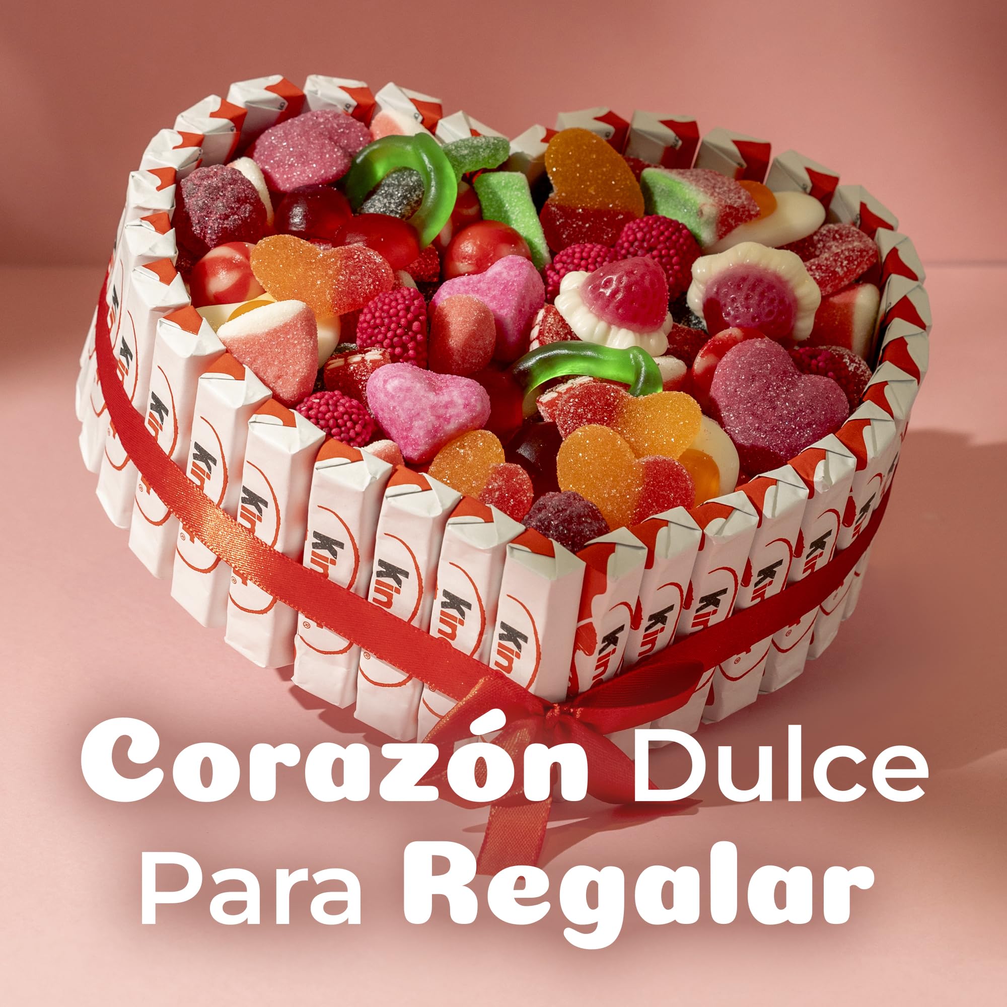 Onza Regalo dia de la madre original - Cesta de Chocolates Kinder y Chucherías para Regalar - Corazón Chocolatinas Kinder - Gran Surtido Chuches y Gominolas