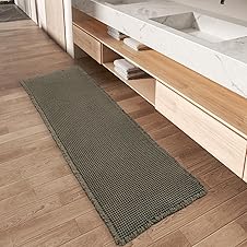 [52% off] Upgraded Waffle Runner Rug, Super Absorbent Non Slip Bath Mats for Bathroom Floor, Machine Washable Bathroom Runner Rug with Tassels, Ideal for Hallway Bedroom Laundry Room, Dark Green, 17" x 60"