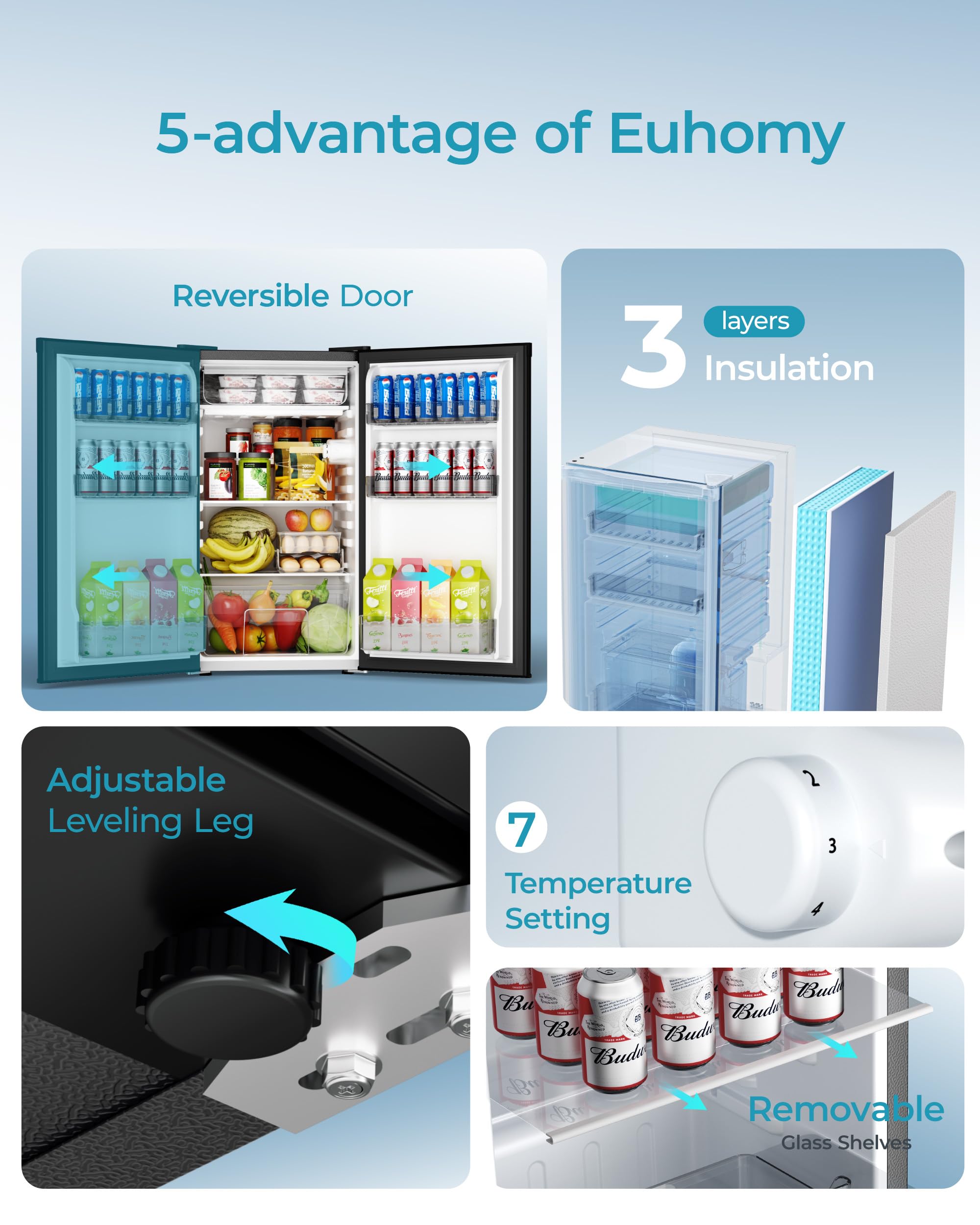 EUHOMY 93L Under Counter Fridge, Small Fridge Freezer with 7-Stage Thermostat, 38dB Ultra-Quiet Undercounter Mini Fridge, 82L Refrigerators & 8L Freezer for Dorm/Office/Bedroom, Black [Energy Class E] — view 4