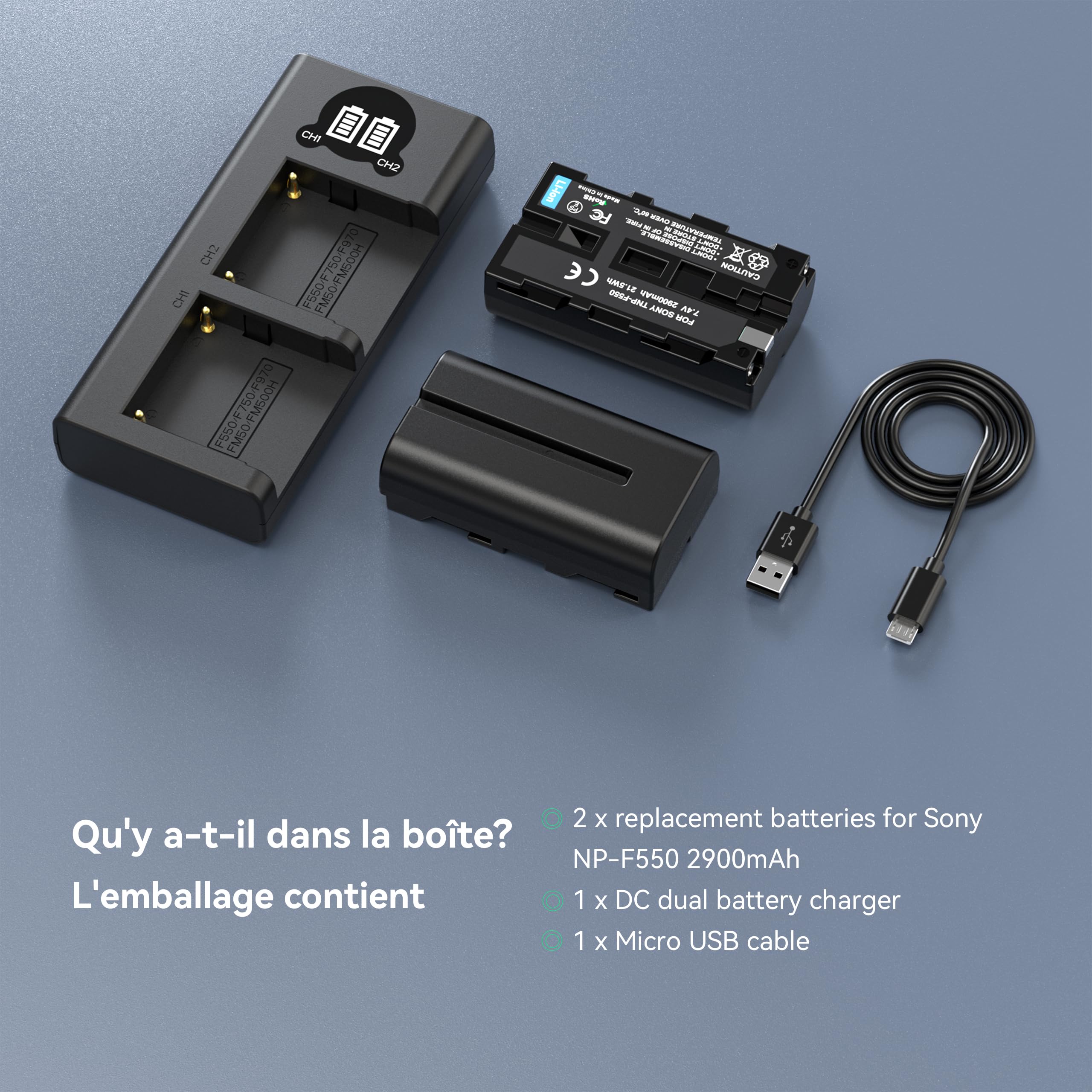 Pack de 2 Batteries de Remplacement NP-F550 de 2900mAh avec Chargeur LCD Double USB-C Appareils pour Sony NP-F970/F960/F770/F750/F570/F550/F530/F330 et CCD-SC55/TR910/TR818