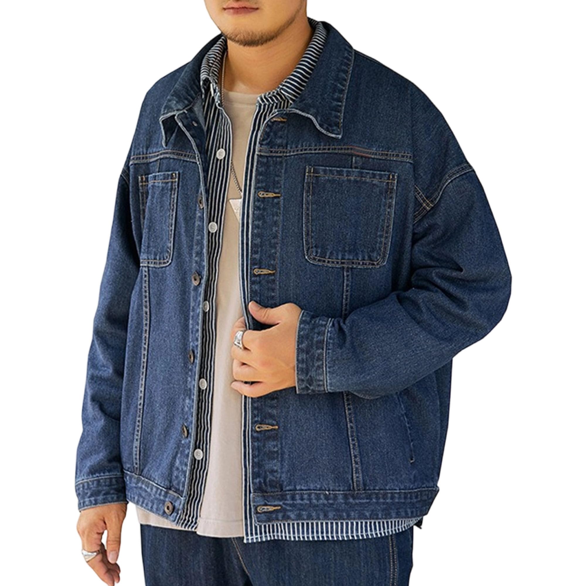 Giacca in jeans da uomo di ispirazione vintage con bottoni | Colletto da camionista con risvolto, doppie tasche frontali, taglie comode, vestibilità larga, giacca di jeans oversize per