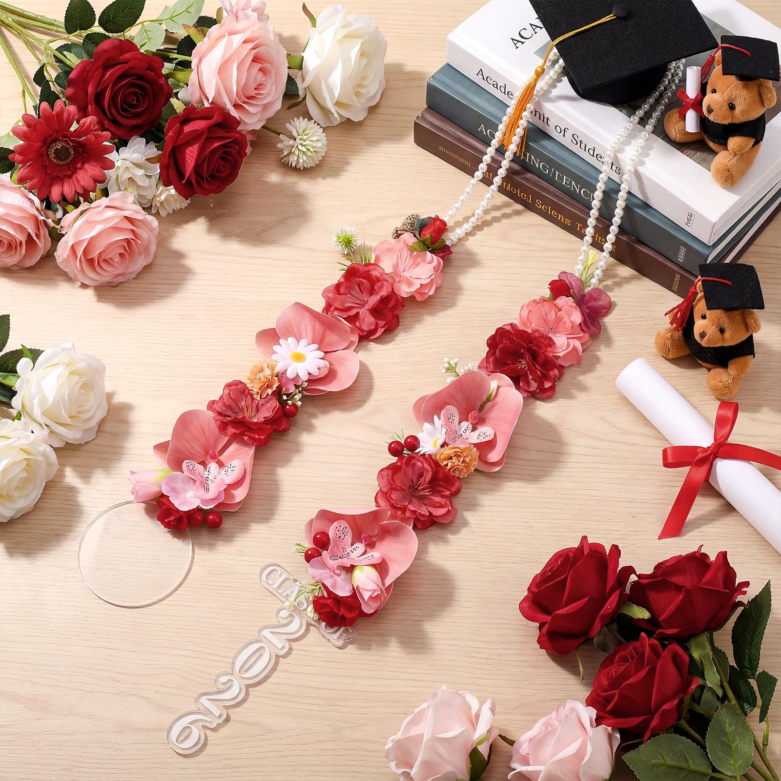 Photo 1 of Suncalla Flower Graduation Leis Class of 2026 Grad Red Hawaiian Lei Necklace Ribbon Garland Tropical Artificial Flower Sash for Summer School Ceremony Night Party Gift Photo Prop, 43.31 Inches