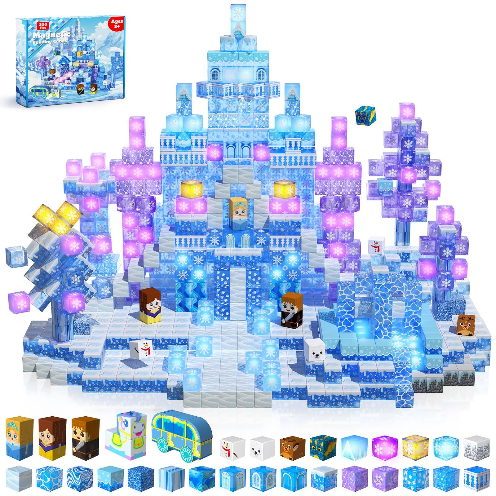 GraceDuck Bloques Magneticos Construccion Niños 200 Piezas - Construye Castillos de Nieve y Hielo, Sumérgete en un Mágico Mundo Invernal, Juguete Educativo Niños 4 a 12 Años