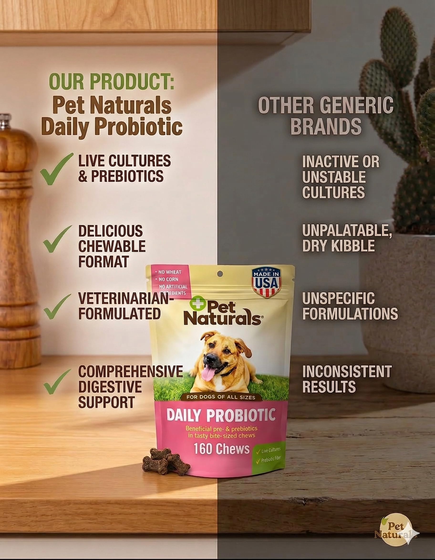 Pet Naturals Probiotiques Quotidiens pour Chiens, saveur Canard, 160 friandises à mâcher – 120 M UFC pré-et probiotiques pour la santé Digestive, la santé intestinale, Le Soutien immunitaire, la