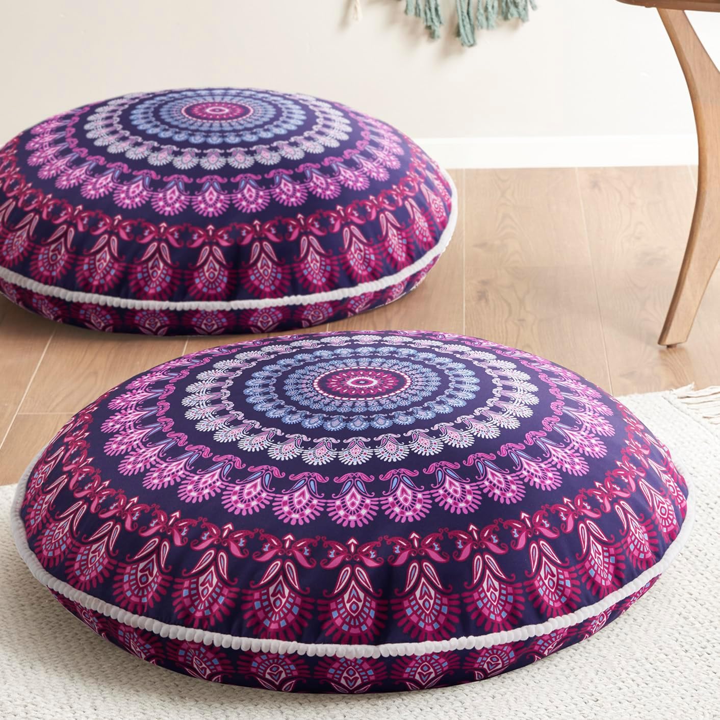 Codi Meditation Floor Pillow Set of 2, Round Large Pillows Seating for Adults, Bohemian Mandala Circle Cushion for Outdoor Fireplace Yoga Living Room, 32 Inch, Memory Foam Added, Purple Orchid New
