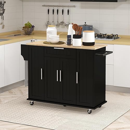 Miniatura 2 de HOMCOM Isla de cocina sobre ruedas, carrito de cocina rodante con parte superior de madera de caucho, cajón, estante para especias, toallero,
