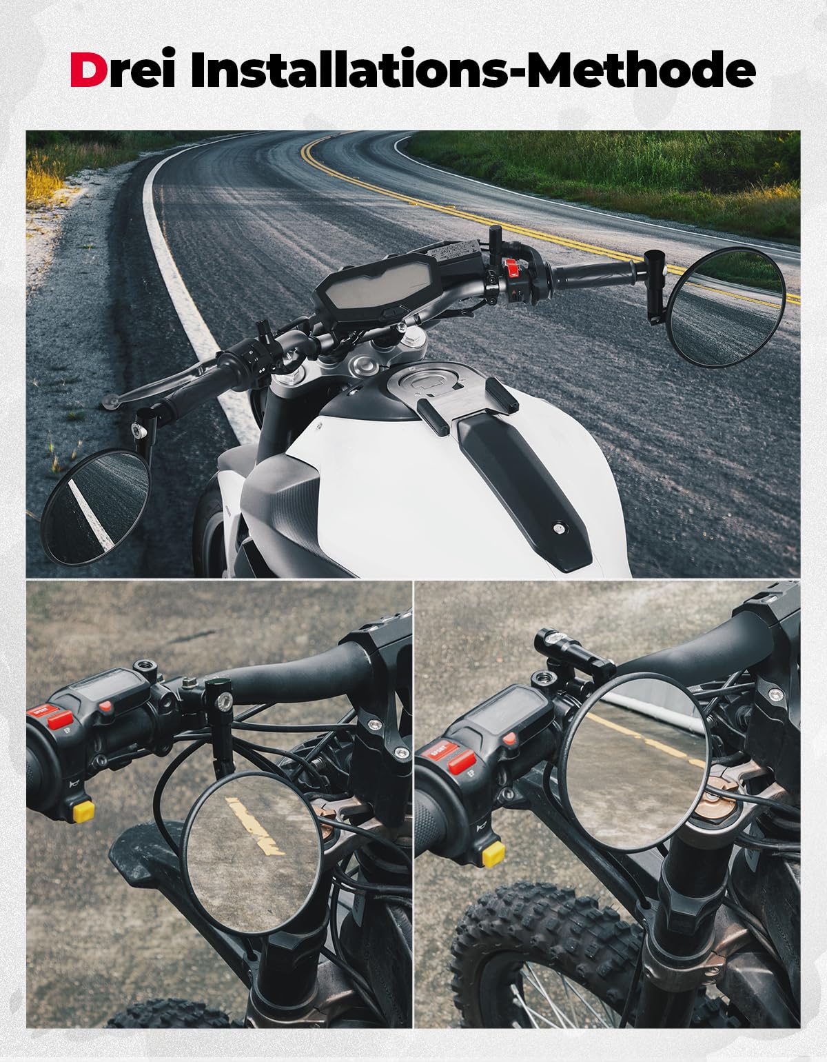 KEMIMOTO【2025 Upgraded】Motorrad Spiegel, E24 Geprüft, 2 Stück Lenkerspiegel, mit 2 Spiegel Halterungen, Runde Lenkerendenspiegel, Kompatibel mit Scooter, Roller, ATV, MT07, Z750, CB125R