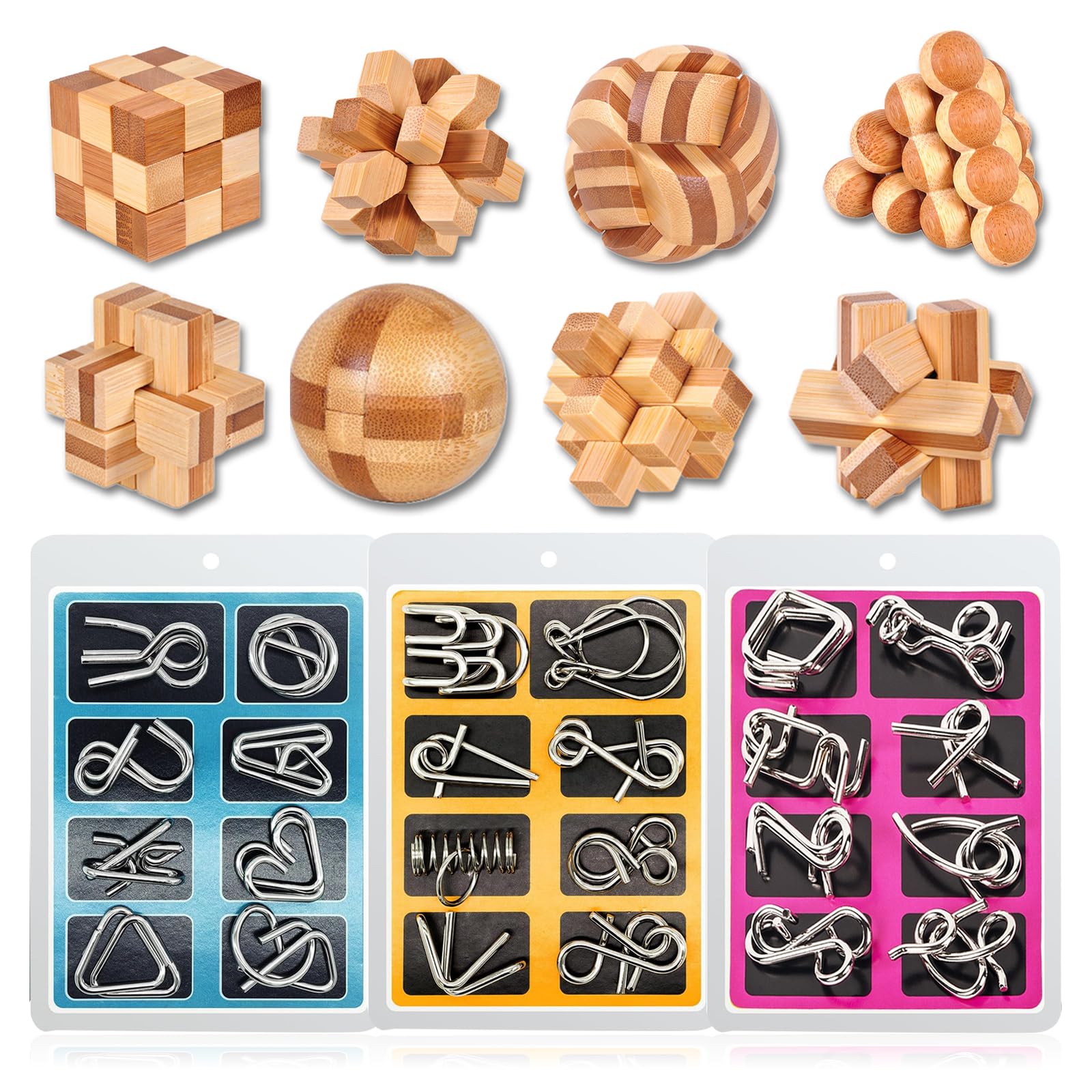 WishesMar 32 Pcs Wooden Brain Teaser Puzzles and Metal Wire Brain Teaser Set Logic Mind Educational Toy