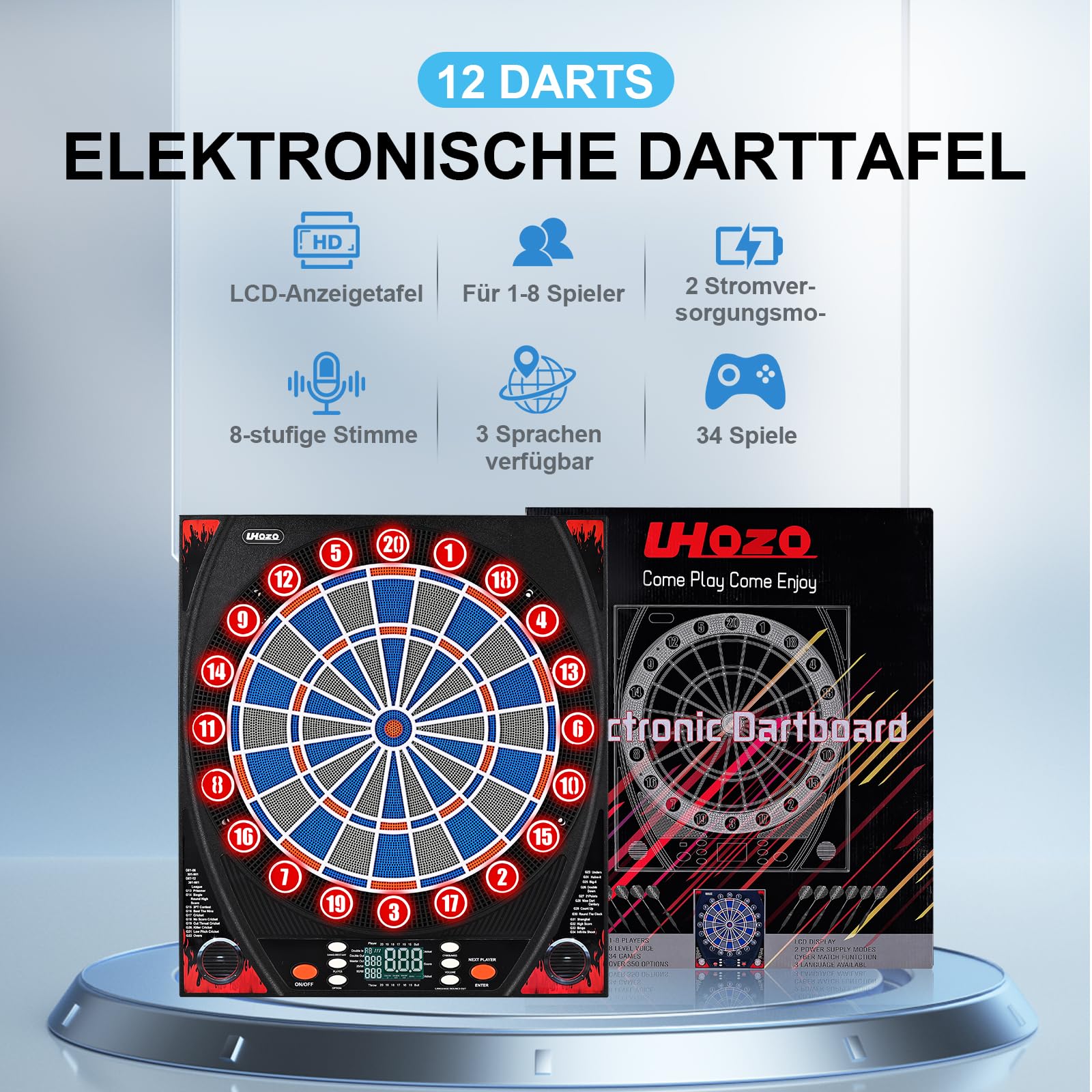 Elektronische Dartscheibe, elektrische Dartscheibe für Erwachsene, Zwei Lautsprecher mit automatischer Sprachansage, High-Definition-LCD-Display, inklusive 12 Soft-Tip-Darts