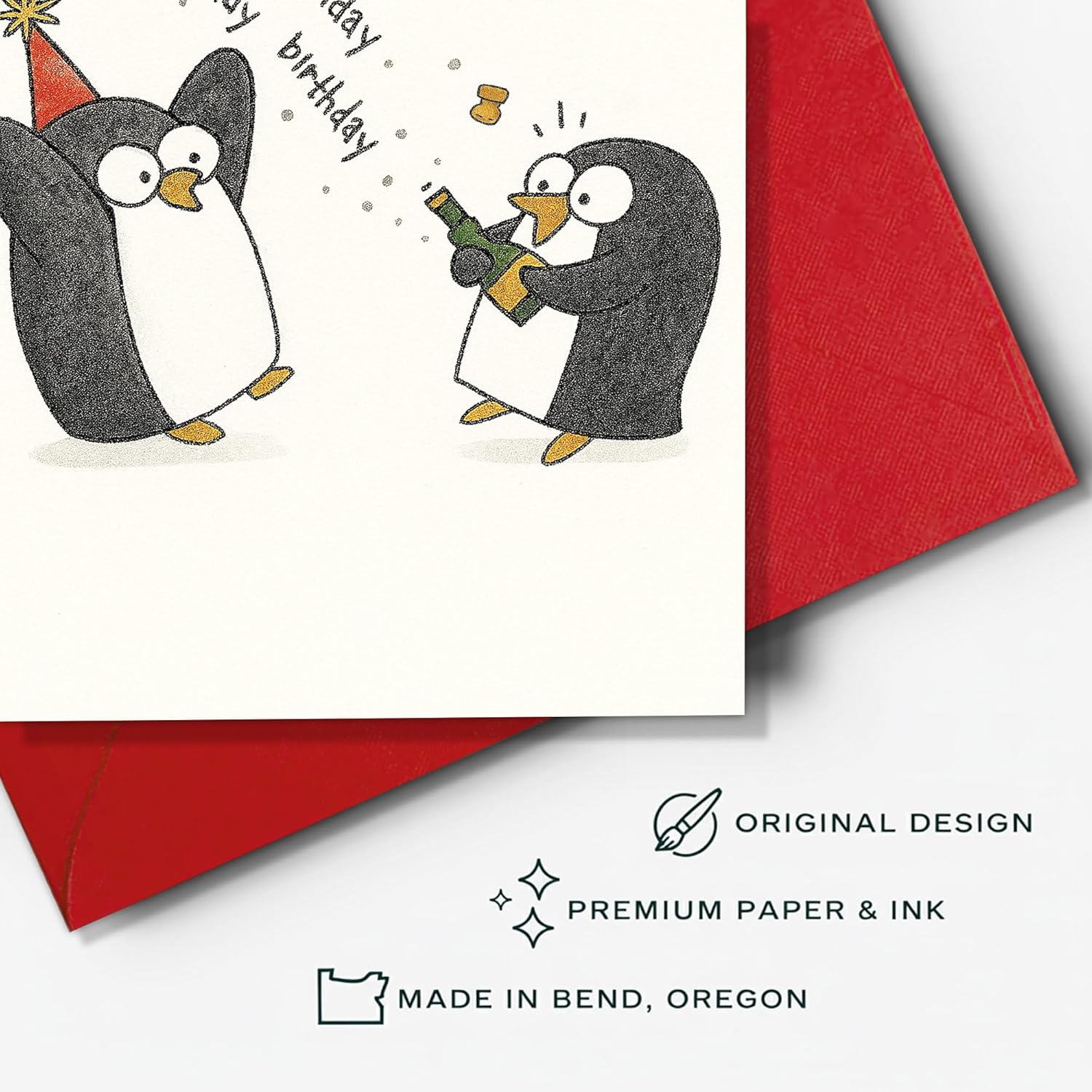 Penguin Birthday Card – Funny Birthday Penguins with Party Hats and Bottle – Happy Birthday Celebration – Perfect for Kids, Friends, Family – Blank Inside, Envelope Included – 8x5.3 Inch - Image 3