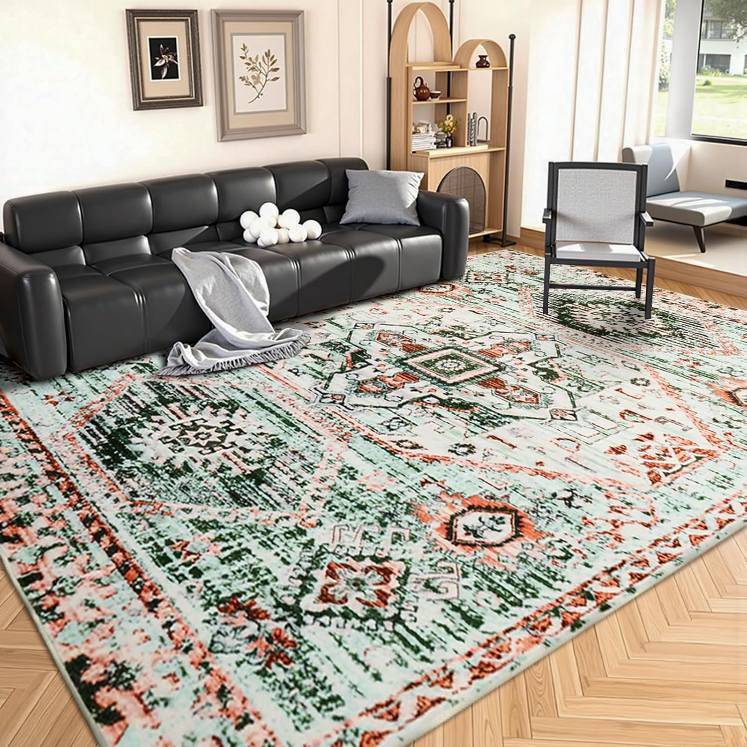 6×9 Area Rugs for Living Room Bedroom, Large Washable Foldable Vintage Floral Area Rug, Non-Slip Low Pile Pet & Kid Friendly Rug, Ultra-Thin Accent Indoor Floor Carpet for Kitchen Dining Office Green