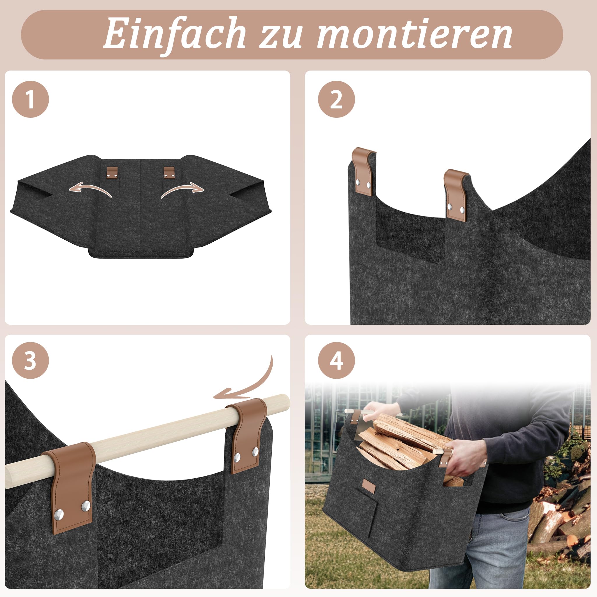 FIVMEN 2 bolsas de fieltro para leña de chimenea, plegables, con fieltro extra grueso y mango de madera reforzado, cesta de fieltro, cesta de la compra, periódicos, madera, color gris oscuro