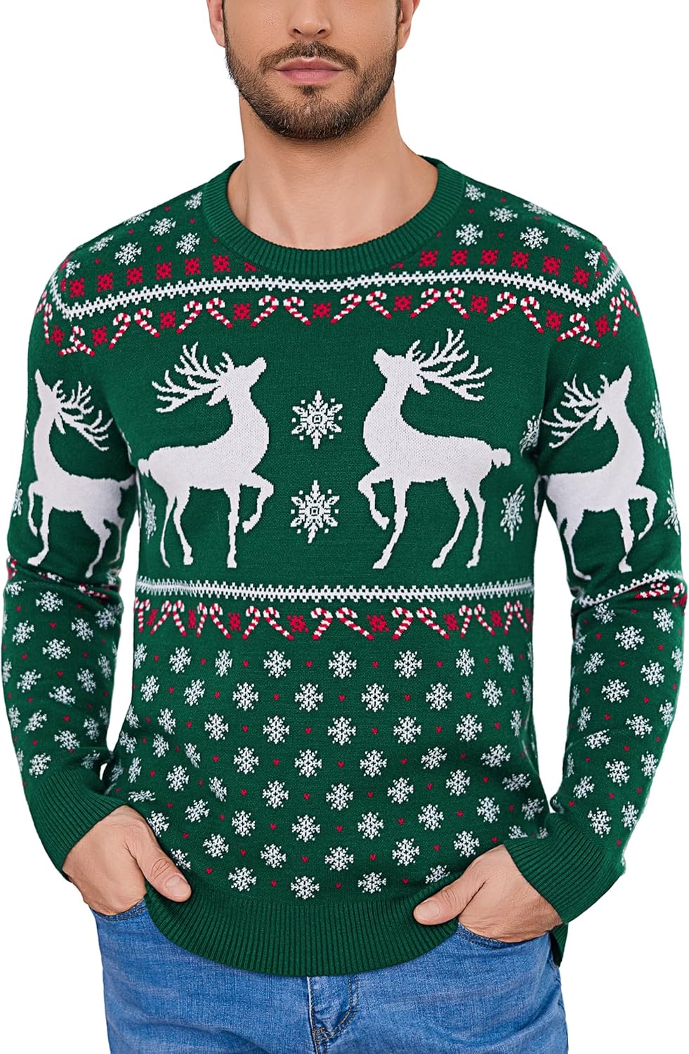 Litherday Kersttrui voor heren, kersttrui, gebreide trui met lange mouwen, warme ronde hals, pullover voor Kerstmis, feest, rood, L