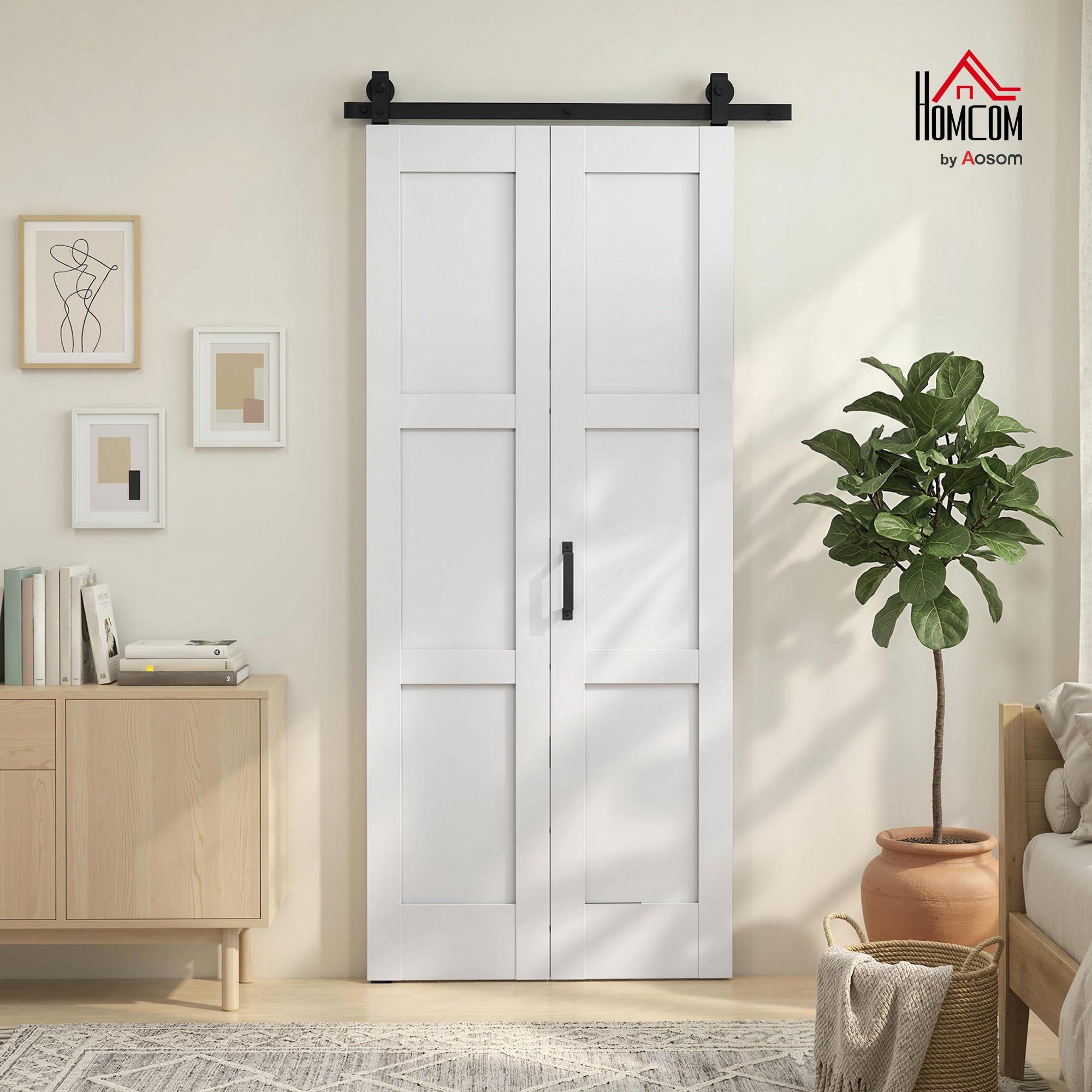 HOMCOM Puerta Corredera Plegable con Herrajes 91,4x213,4 cm, Puerta Corredera Interior con Rodillo, Riel de Acero, Guía de Suelo, Manija, para Baño, Salón, Sala de Estar, Blanco