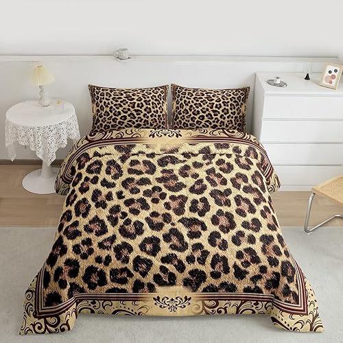 Miniatura 4 de Juego de edredón con estampado de leopardo marrón, tamaño King, decoración de habitación para niños y niñas, edredón abstracto de piel de animales
