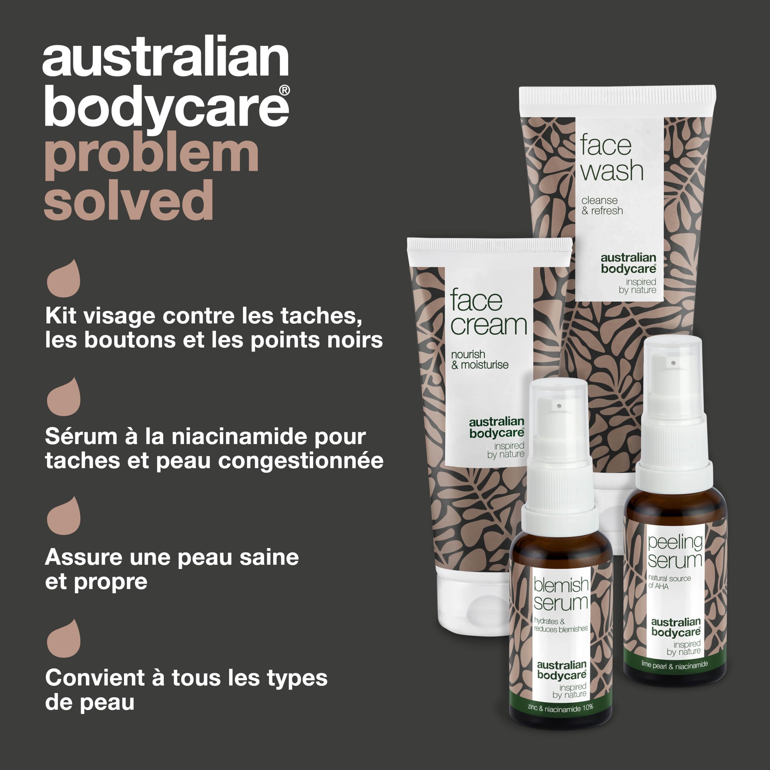 Réduisez les problèmes de pigmentation sur le visage avec un ensemble de 4 pièces composé d'un nettoyant pour le visage, d'un sérum de niacinamide, d'un sérum peeling et d'une crème pour le visage