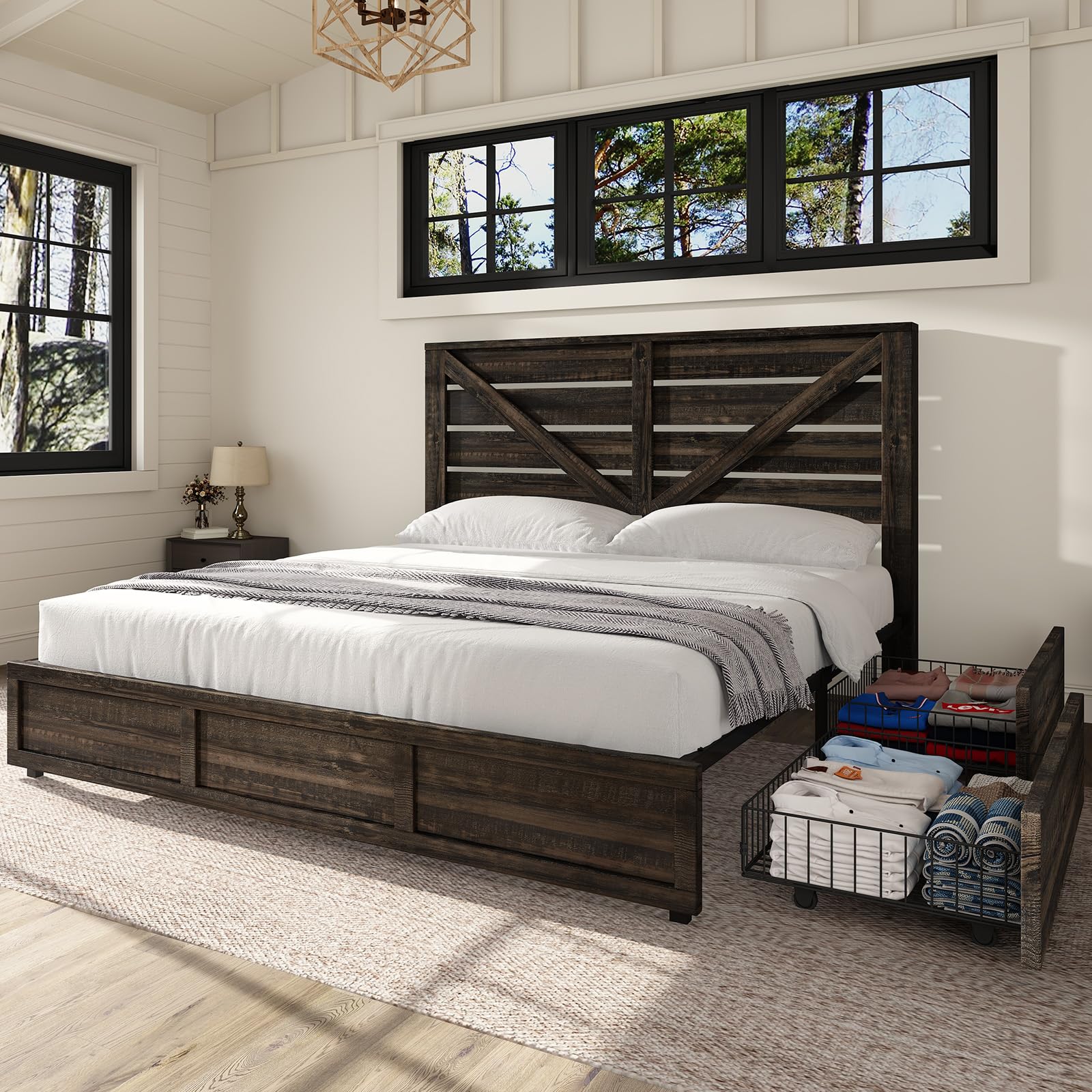 AMERLIFE King Size Farmhouse Bed Frame with 4 Drawers, Wooden Storage Bed Frame with Headboard and Heavy Duty Metal Slats, Noisy Free, Easy Assemble, Rustic Black