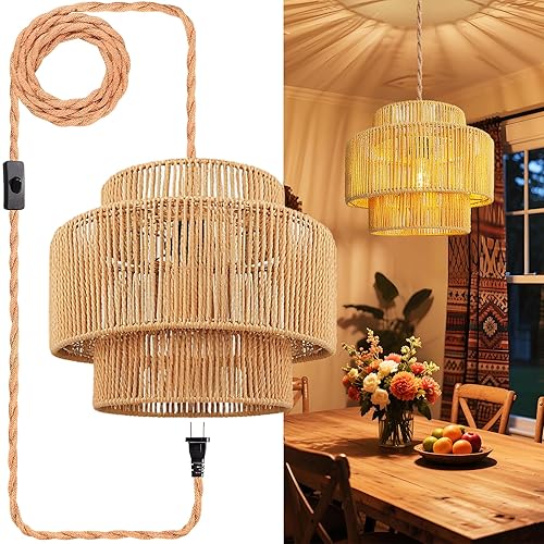Hanging Lamps Rattan Pendant Light - 16.4ft Plug in Cord Hanging Light Fixture Plug Into Wall Outlet Pendant Lighting with On Off Switch for Bedroom Living (Lantern Shade) - 12 Inch - Lantern Shade