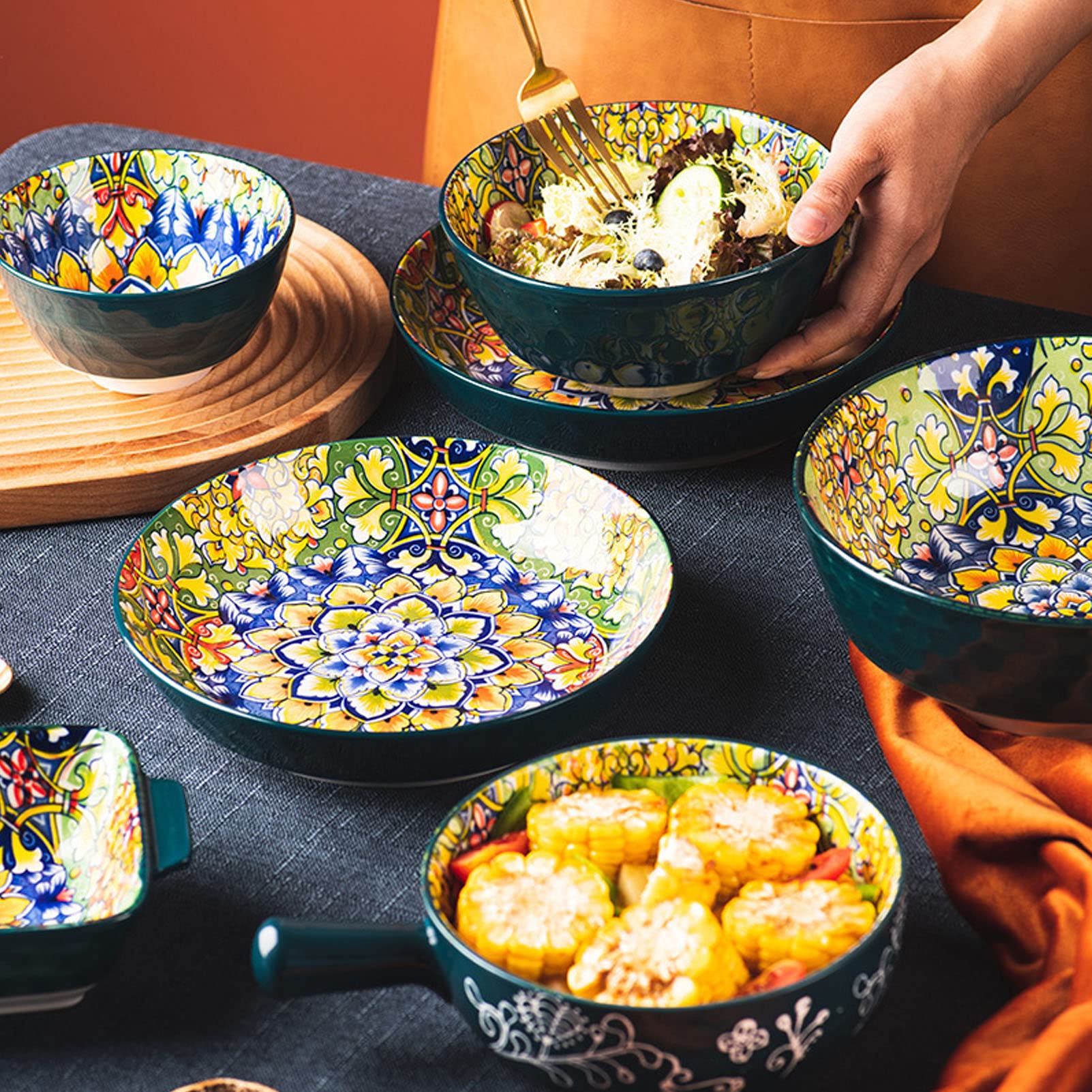 Set di Ciotole di Cereali in Ceramica Verde, Ciotole da agriturismo Vintage per Cucina, Ciotole di Farina d'avena Carina per Pasta, Insalata, Riso, Cereali e zuppe