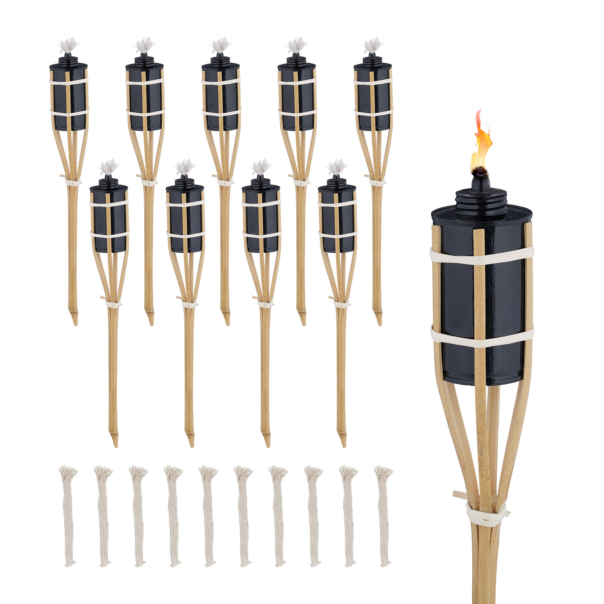 Relaxdays Set of 10 Garden Oil Torches, with Replacable Wicks, Bamboo & Iron, Outdoor Party Flares, HxØ: 40x6cm, Natural