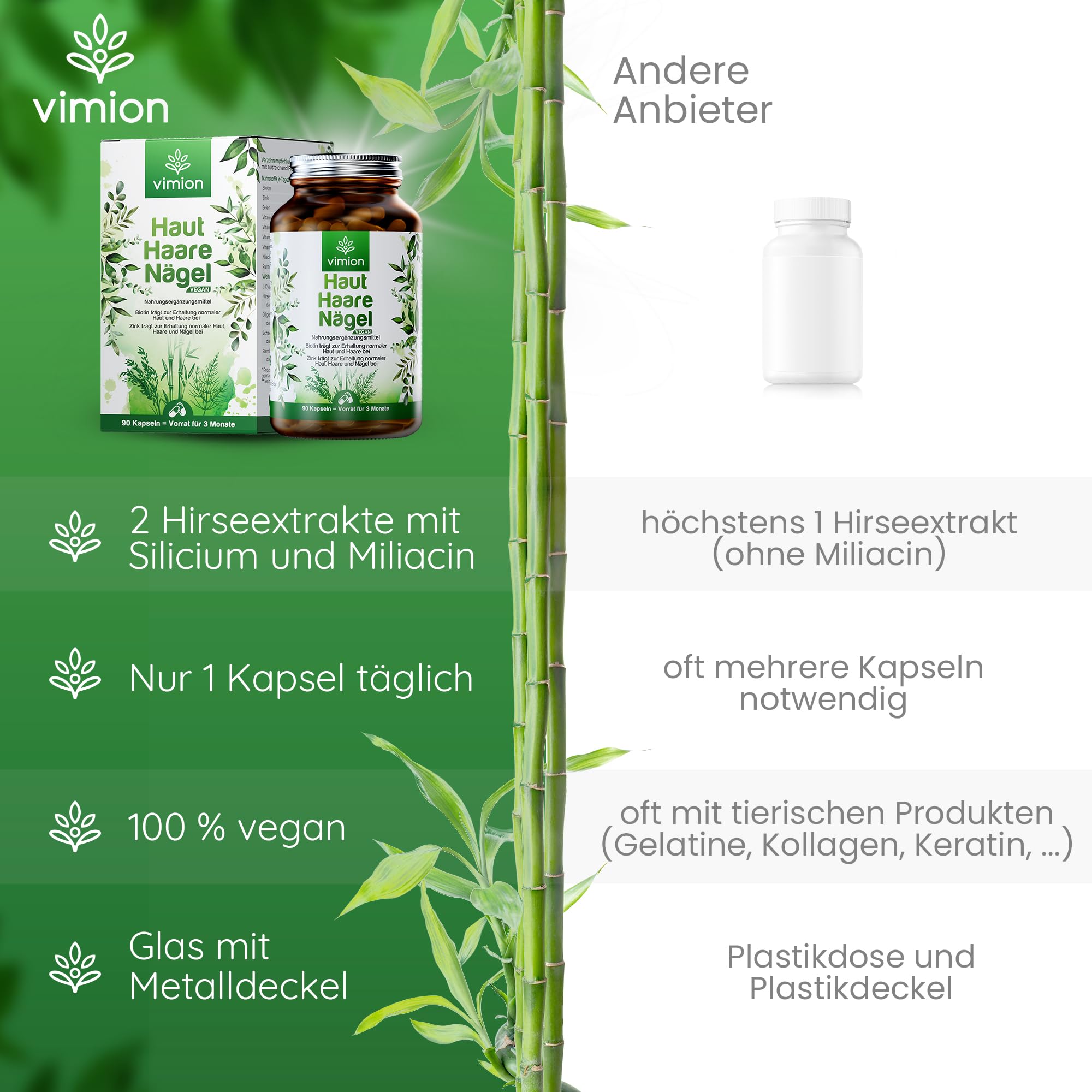 Haut-Haare-Nägel - 90 Kapseln - 100% vegan - mit Biotin, Zink, Selen, B-Vitamin-Komplex, L-Cystein sowie Silizium aus Bambus, Ackerschachtelhalm & Hirse – Vorrat für 90 Tage