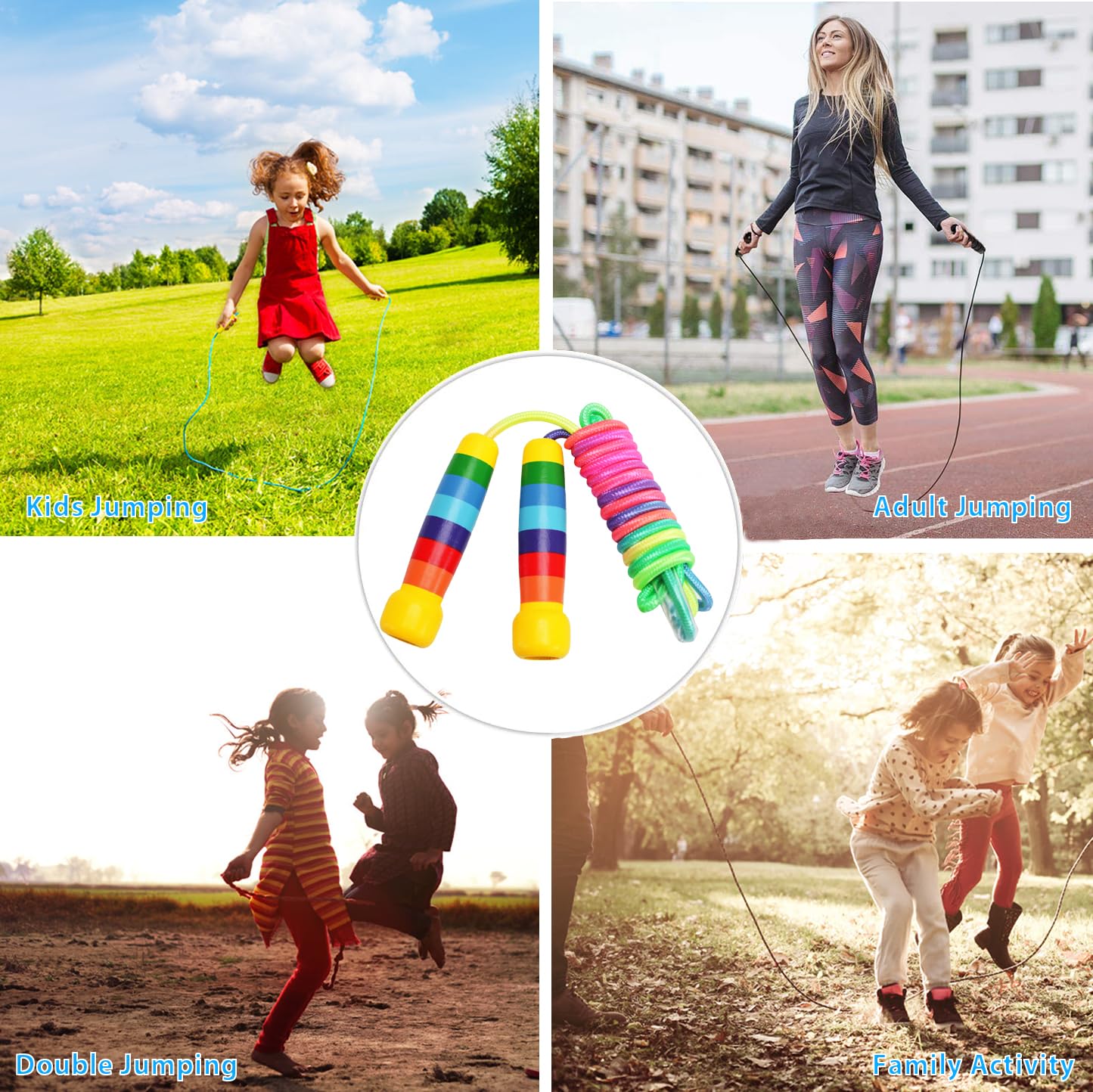 Springseil Kinder, 280cm Verstellbare Seilspringen Kinder mit Holzgriff, 7 Farben Regenbogen Skipping Rope Kids für Jungen und Mädchen Fitness