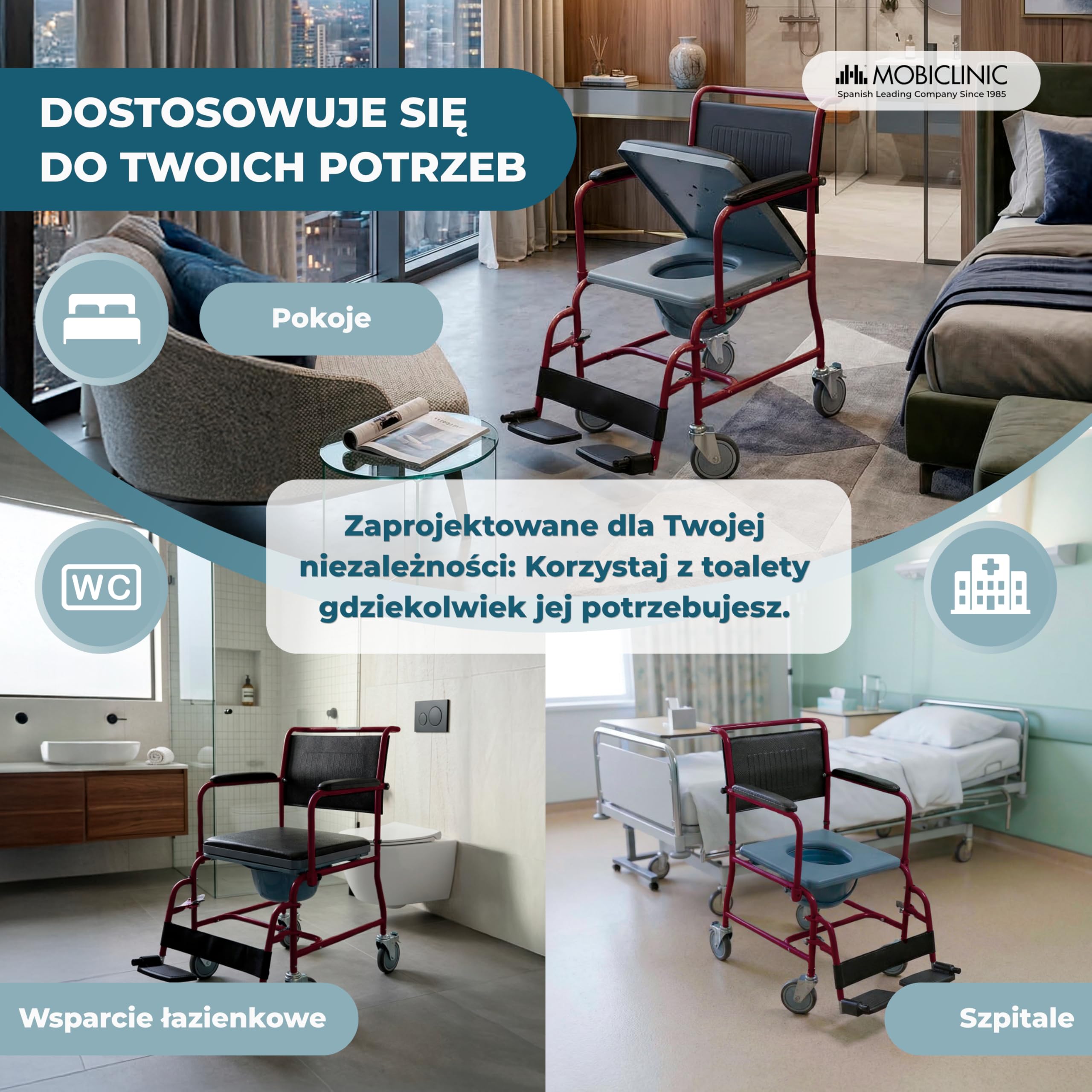 Mobiclinic, Wc krzesł na kółkach, Ancla, Toaleta dla osób niepełnosprawnych, Starszych, Składany podłokietnik i podnóżek ergonomiczny siedzenia, Bordeaux