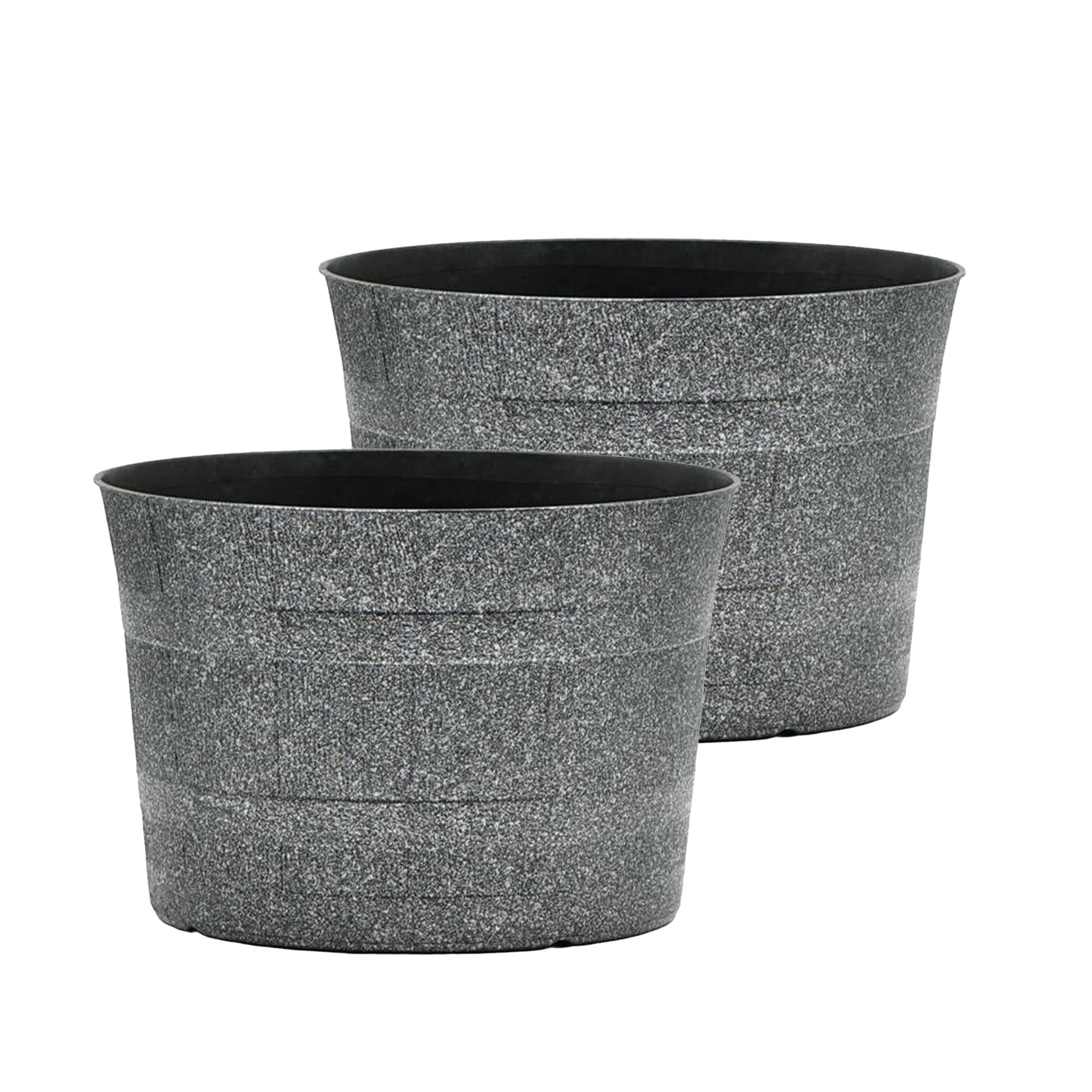 SG Traders Round Plastic Whisky Barrel Garden Pot Flower Pots Planter Tub Patio Pot Outdoor Traditional Barrel Brown with Silver Bands Garden Plant Pot Outdoors with Drainage Holes (Pack of 2)