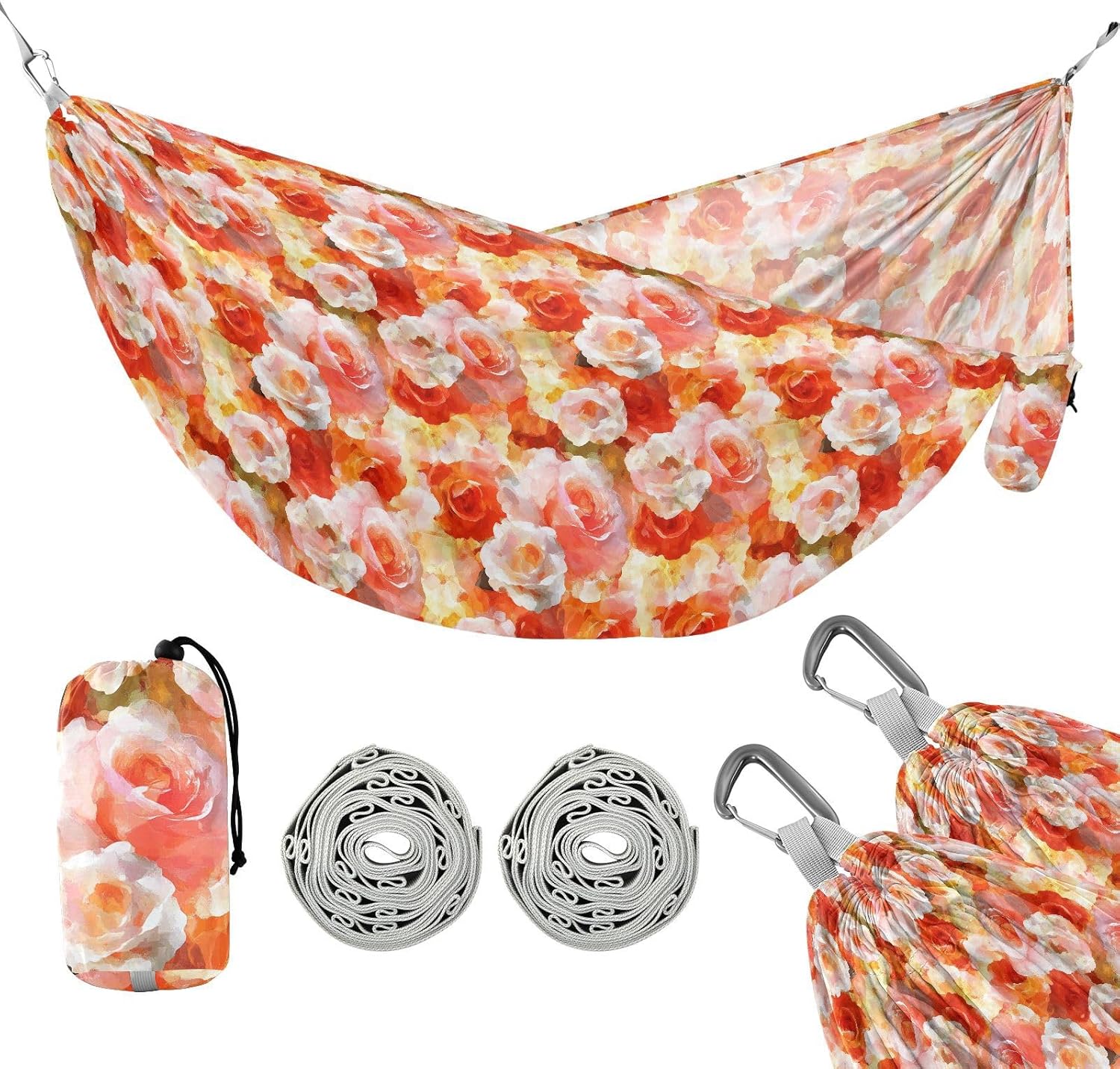 ALAZA Dreamy Rose Flowers Camping Hammocks Single or 2 Person 500 lbs Portable Parachute Travel Hammock w/Tree Straps for Hiking Backpacking Indoor Outdoor