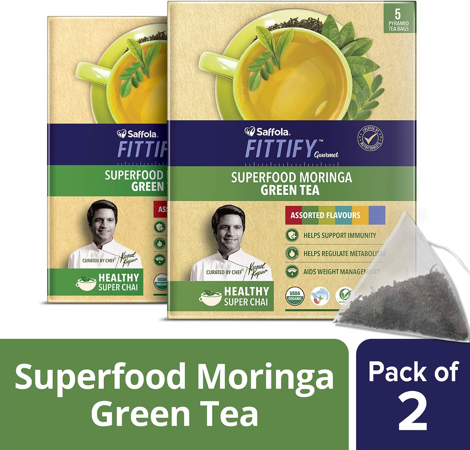 Saffola FITTIFY Gourmet Superfood Moringa Green Tea Flavours, Assorted Packs, 12.5g (2.5g*5N) Tea Bags