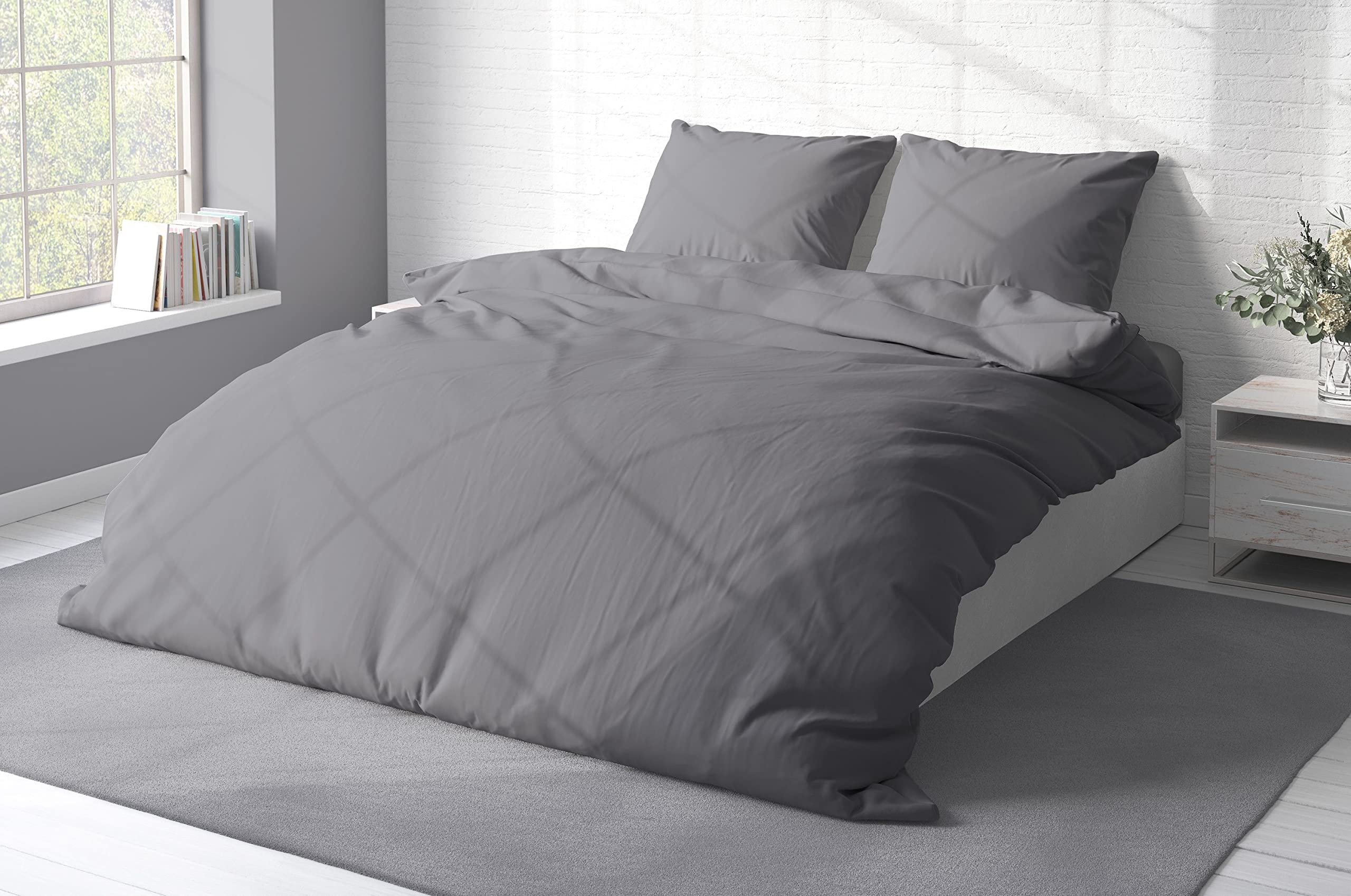 one-home Uni Bettwäsche 240x220 cm anthrazit Doppelbett Einfarbig Renforce Baumwolle