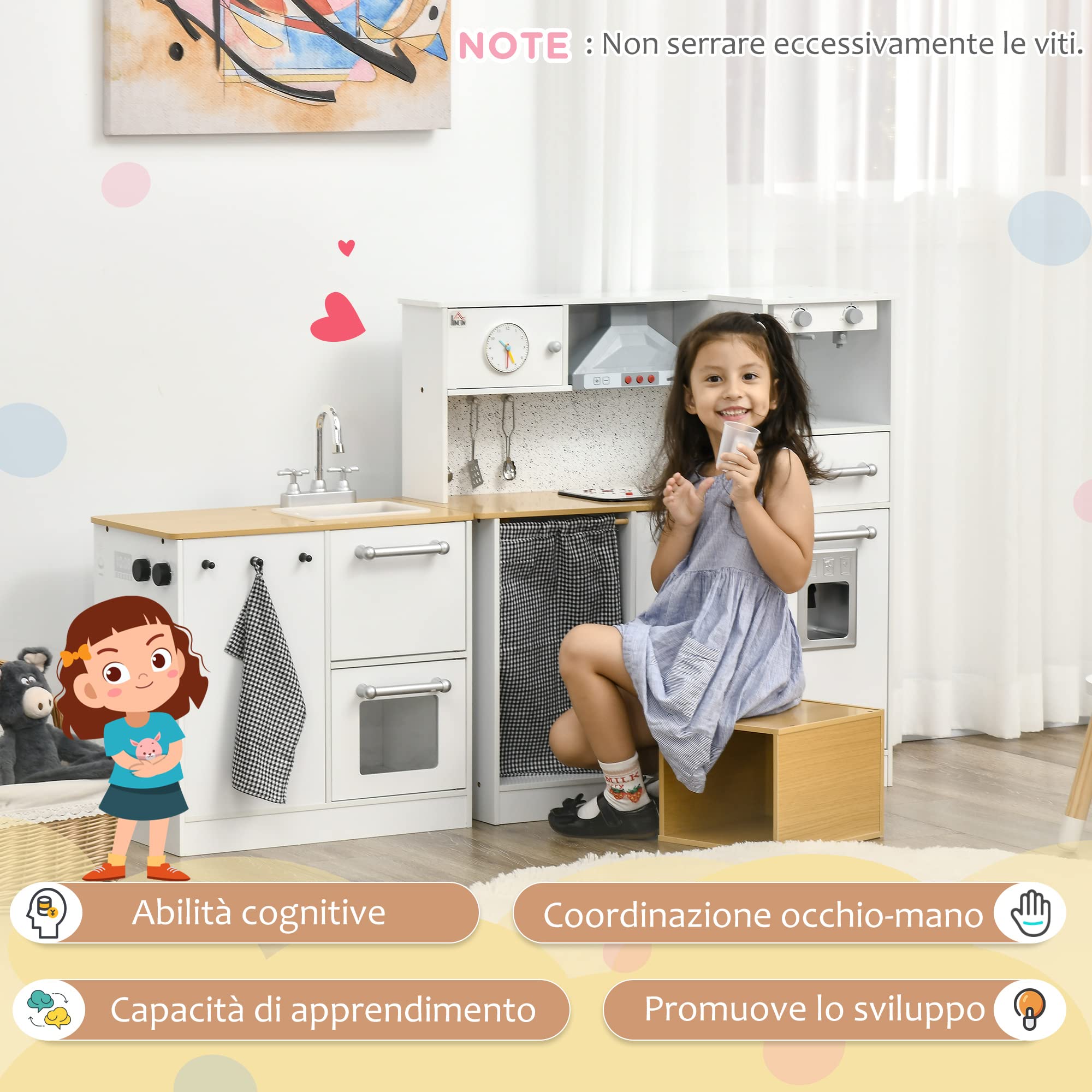 HOMCOM Cucina Giocattolo 2 Pezzi per Bambini 3-6 Anni con Utensili da Cucina, Luci ed Effetti Sonori Realistici, in MDF e PP Bianca e color Legno