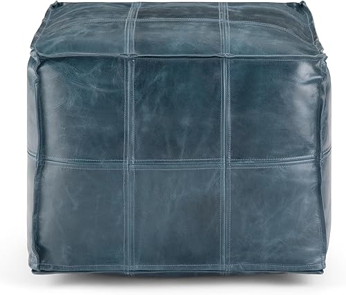 Miniatura 4 de SIMPLIHOME Manning Puf cuadrado  18 pulgadas de ancho hecho a mano de cuero genuino otomano en color verde azulado, reposapiés estilo bohemio o