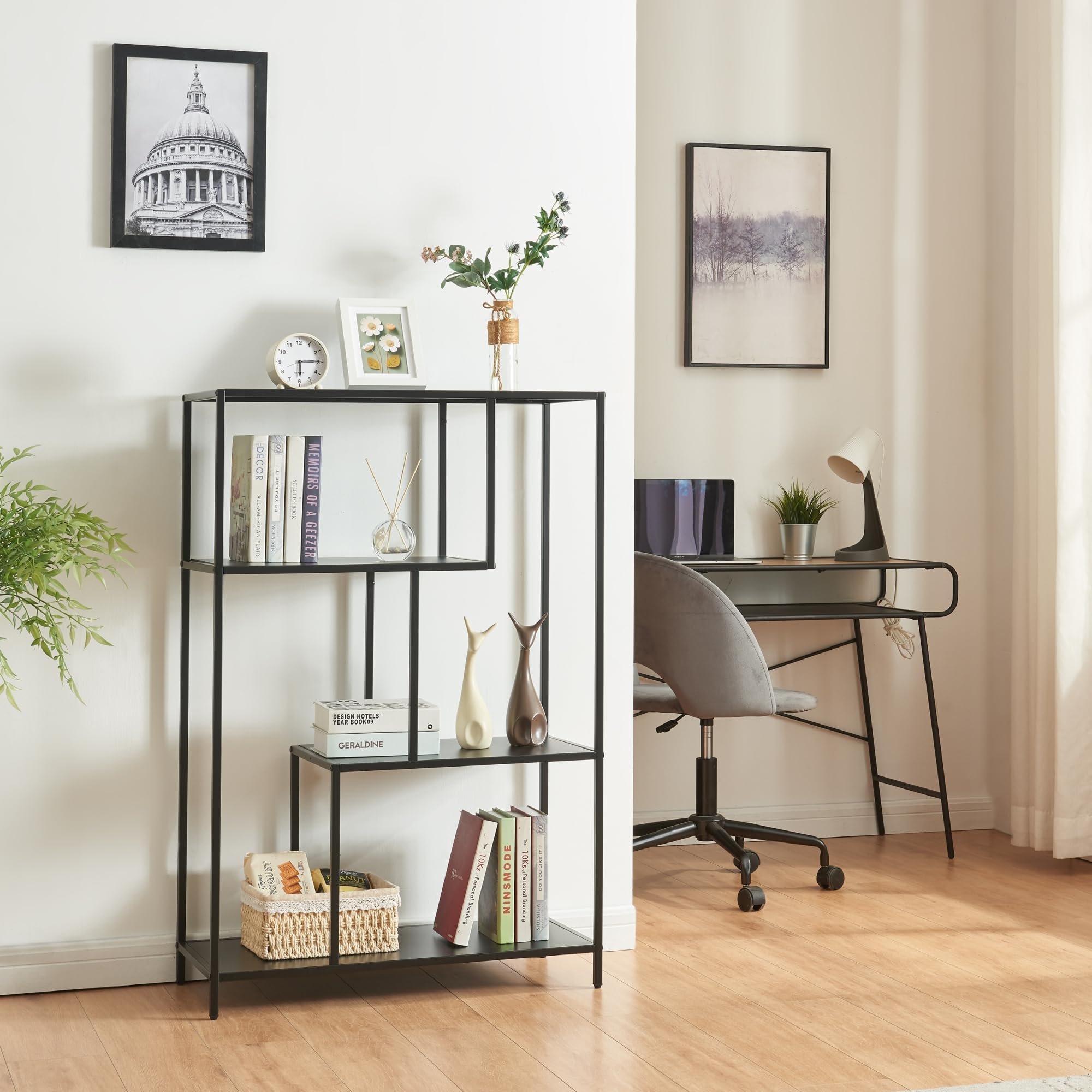 [en.casa] Bibliothèque à 4 Niveaux Étagère Autoportante au Style Intemporel avec 4 Compartiments de Rangement pour Salon Chambre Bureau Acier 115 x 75 x 35 cm Noir Mat