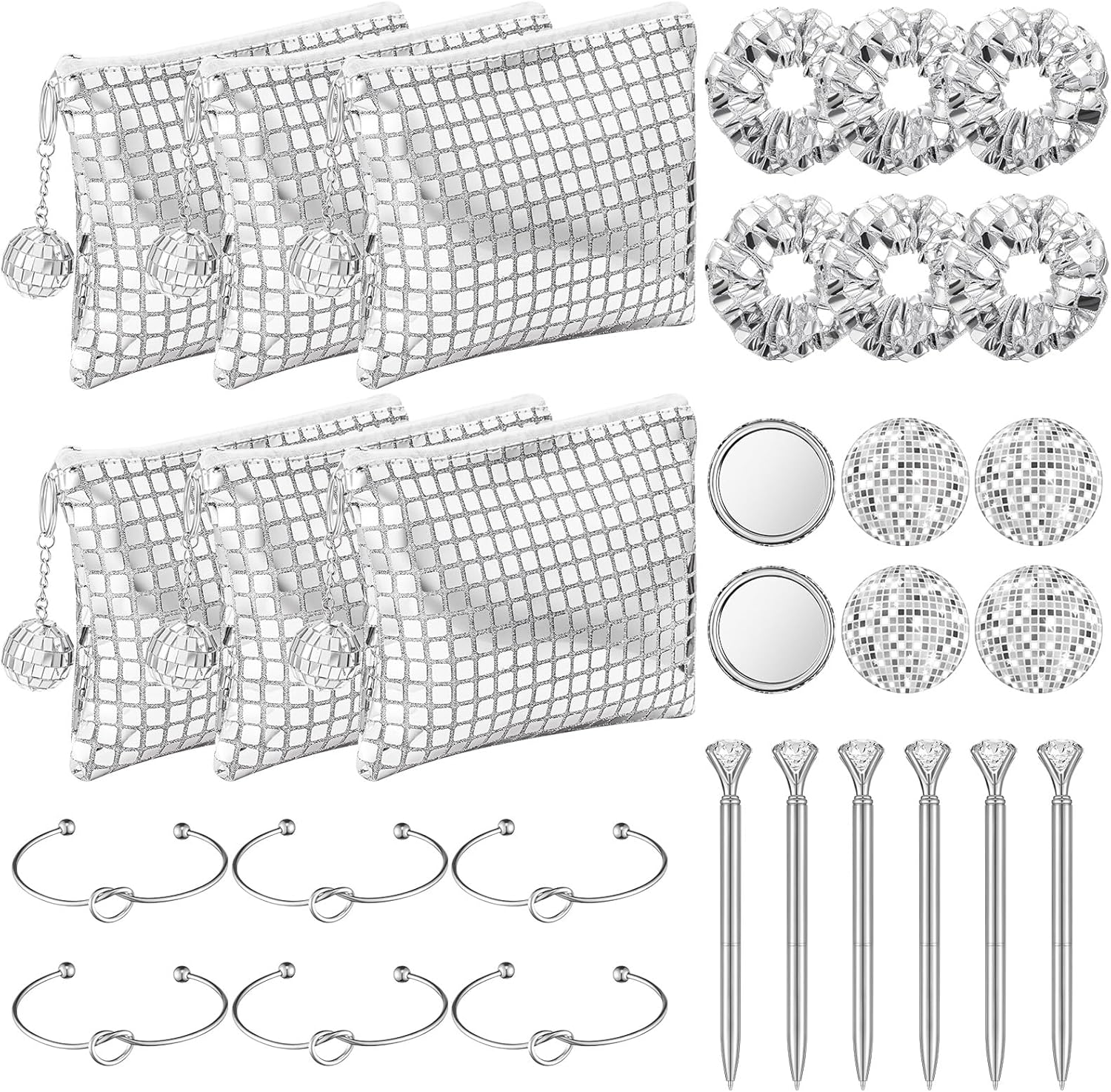 Reginary 30 Pcs Disco Party Favors Disco Ball Makeup Bag Hair Scrunchies Compact Mirror Love Knot Bracelet Diamond Pen for Bachelorette Last Rodeo Bridal Shower Bridesmaid 80s 90s Gifts