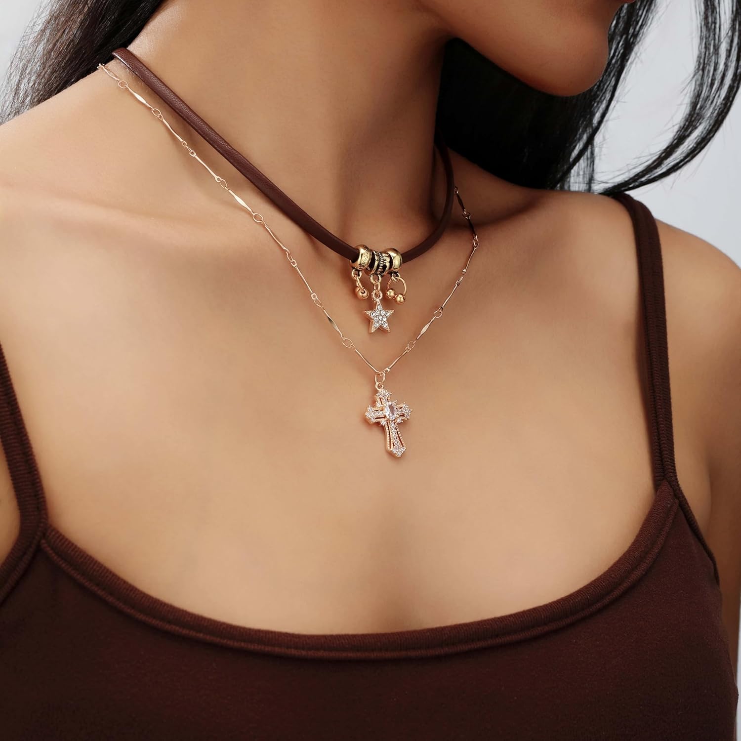 14K Gold Plated Retro Cross & Star Layered Choker Necklace Set for Women, Brown Leather Choker with Rhinestone Cross Pendant, Boho Double Chain Vintage Collar Jewelry - Image 4