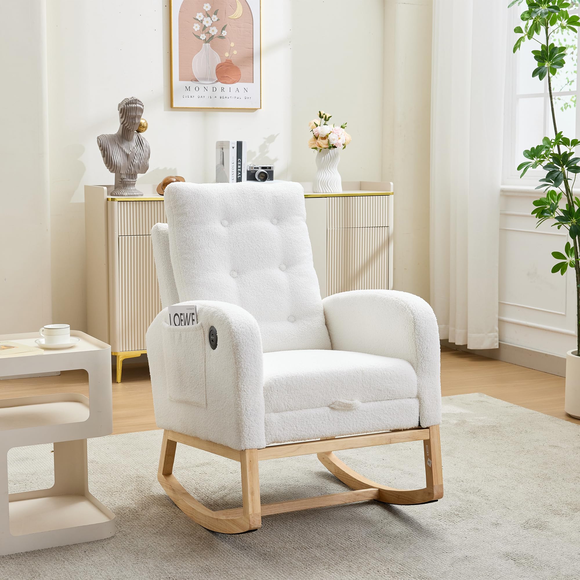 ModernLuxe Teddy Fabric Rocking Chair, Nursery Glider Chair with Adjustable Footrest, Side Pocket and High Backrest, USB & Type-C ChargingUpholstered Rocking Armchair for Nursery, Living Room, White