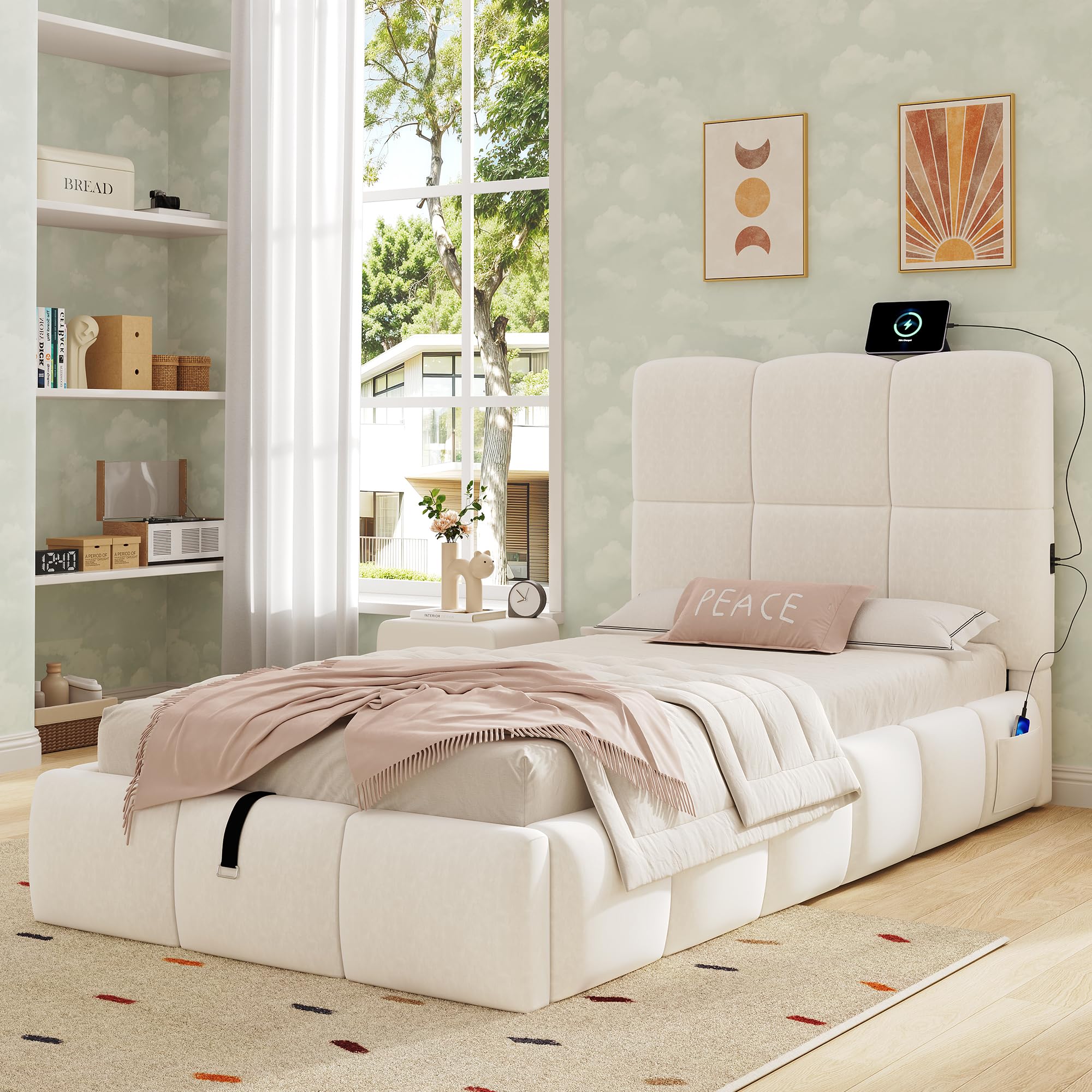Lettino per bambini, 90 x 200 cm, con vano portaoggetti, letto imbottito