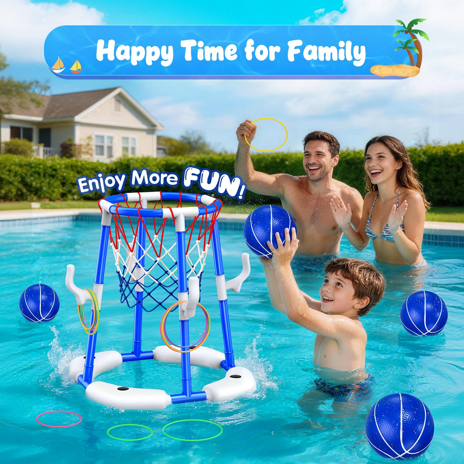 HaoVrisn Canestro Basket Piscina per Bambini, Giochi Piscina Bambini con 4 Palloni Galleggianti, 12 Anelli e Pompa, Giochi Acqua Bambini-Giocattolo Acqua Estivo per Feste in Piscina e Giardino