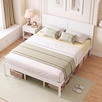 GIANTEX Wood Queen Size Bed Frame with Headboard, Mid-Century Modern Platform Bed w/Wooden Slat Support, Solid Mattress Foundation, Under-Bed Storage Space, No Box Spring Needed, White