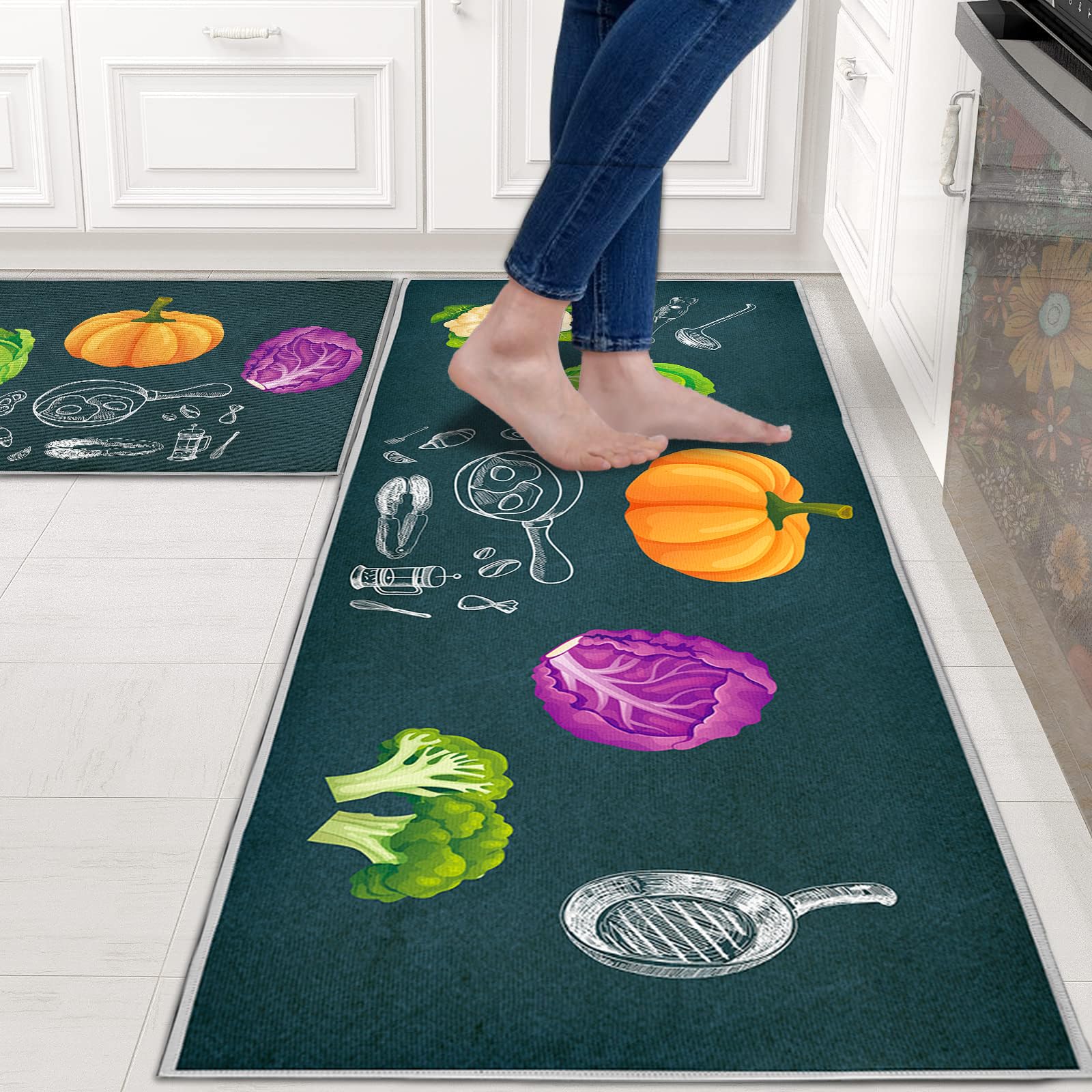 Alfombra de cocina lavable, antideslizante, cómoda, impermeable, para el hogar, la cocina y la lavandería, 2 piezas (frutas, 43 x 75 + 43 x 150 cm)