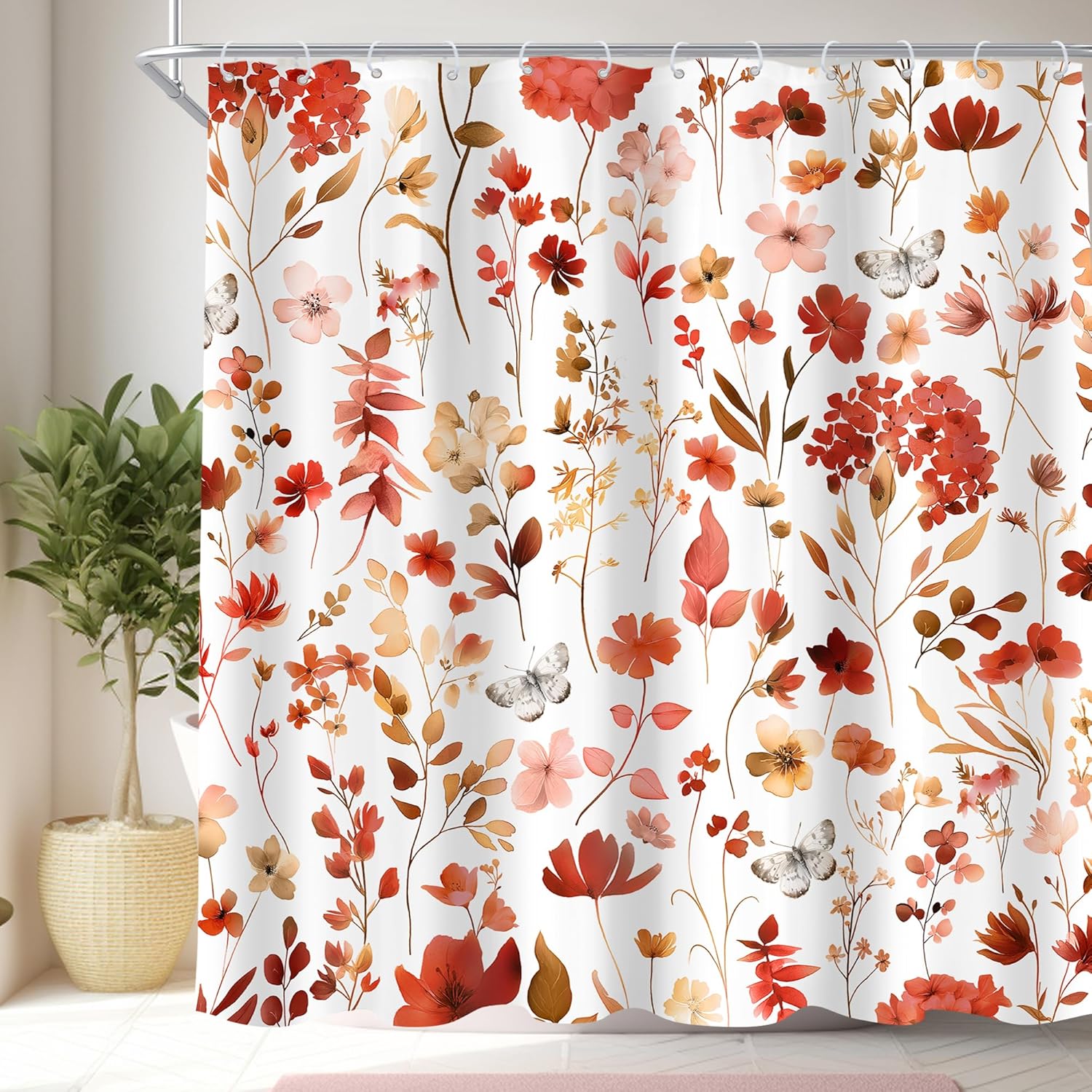 Cinbloo Extra Long Green Pink Floral 72Wx84H Shower Curtain Cute Wildflower Watercolor Boho Butterfly Spring Girls Plants Bathroom Curtain Set Modern Trendy Botanical Bath Bathroom Accessories Decor