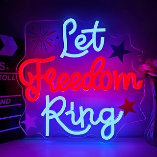Let Freedom Ring Neon Sign for Wall Decor 4th Of July Led Sign Dimmable Independence Day Neon Light Up Sign with Printing Stars for Theme Party Home Bedroom Living Room Gift